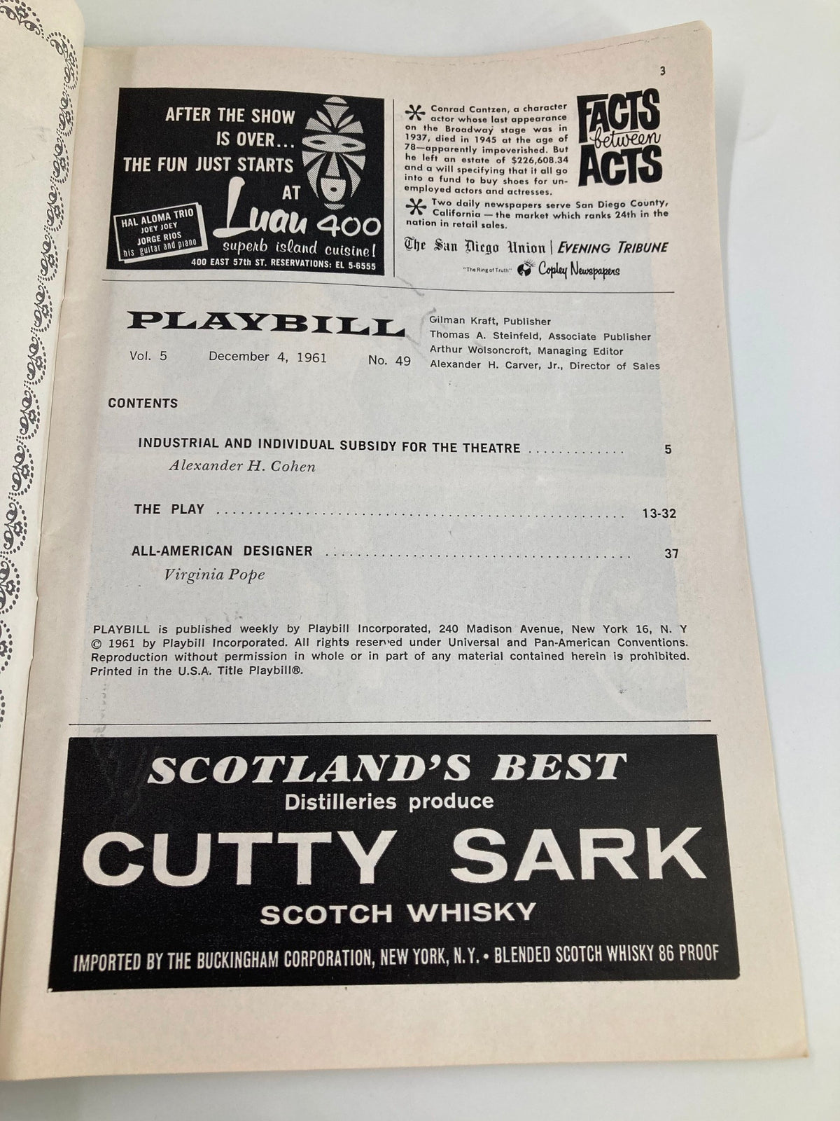 Inside page of the 1961 Playbill for Blood, Sweat and Stanley Poole, detailing the contents and information about the production at Morosco Theatre.