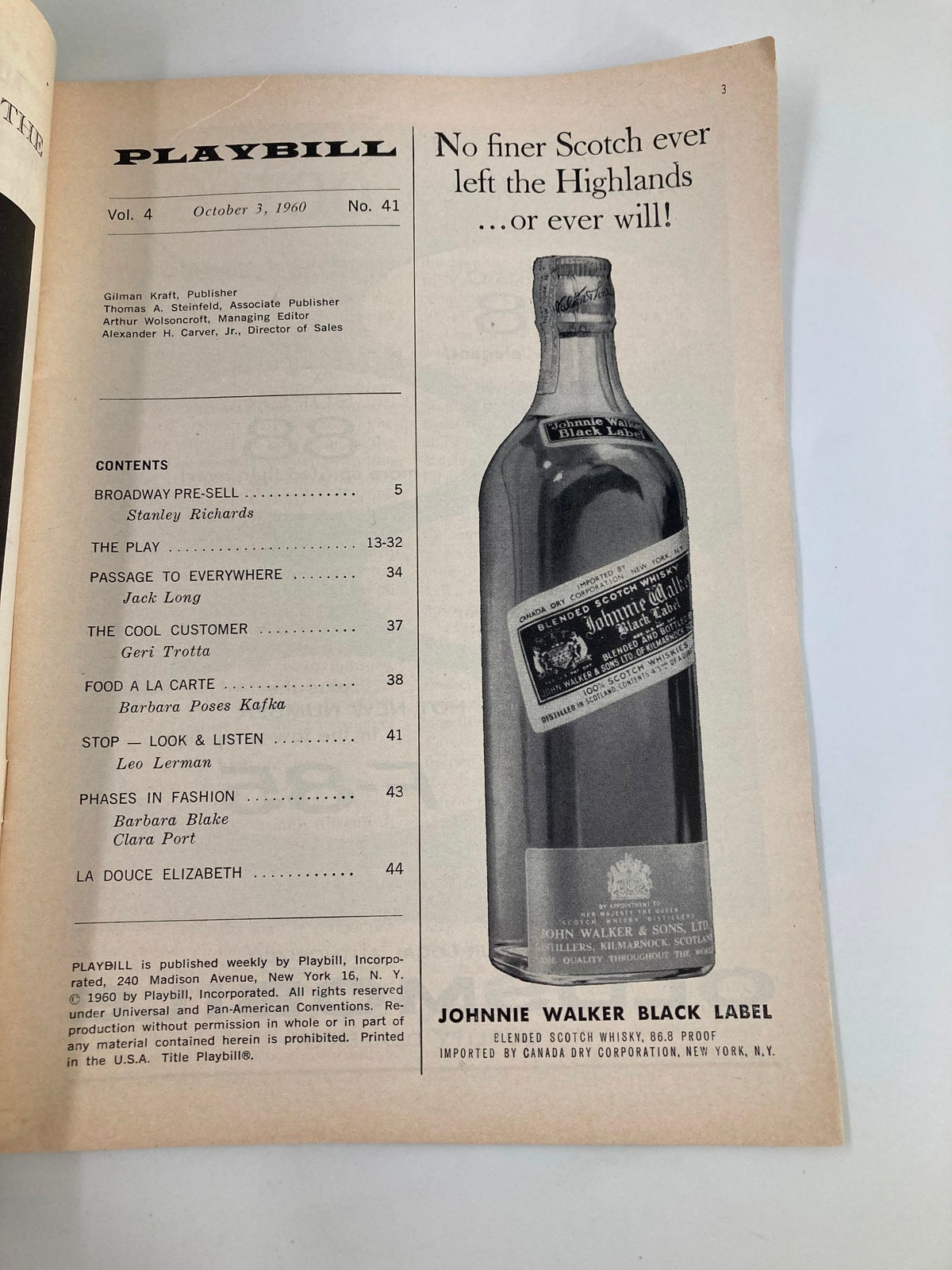 1960 Playbill for The Booth Theatre, inside page advertising Johnnie Walker Black Label whiskey with vintage drink promotion.