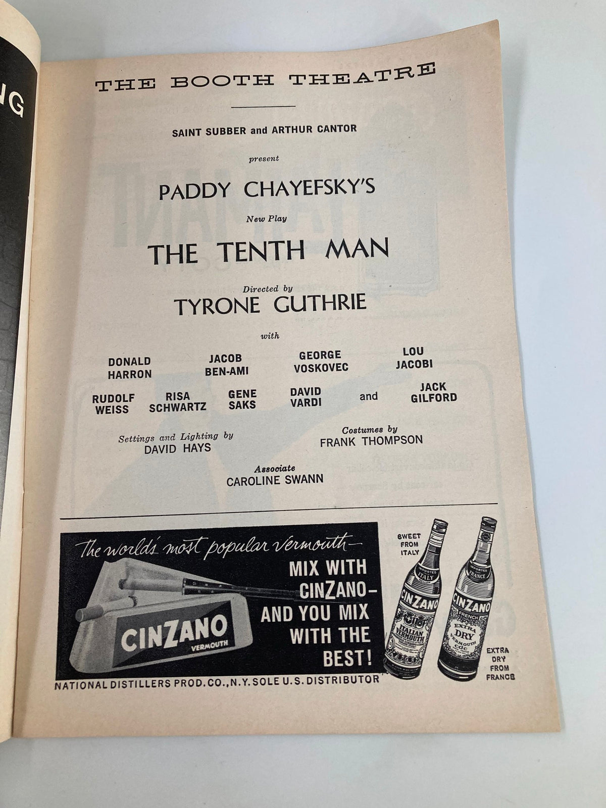 1960 Playbill for The Booth Theatre presenting Paddy Chayefsky's The Tenth Man, directed by Tyrone Guthrie, with cast and production details.