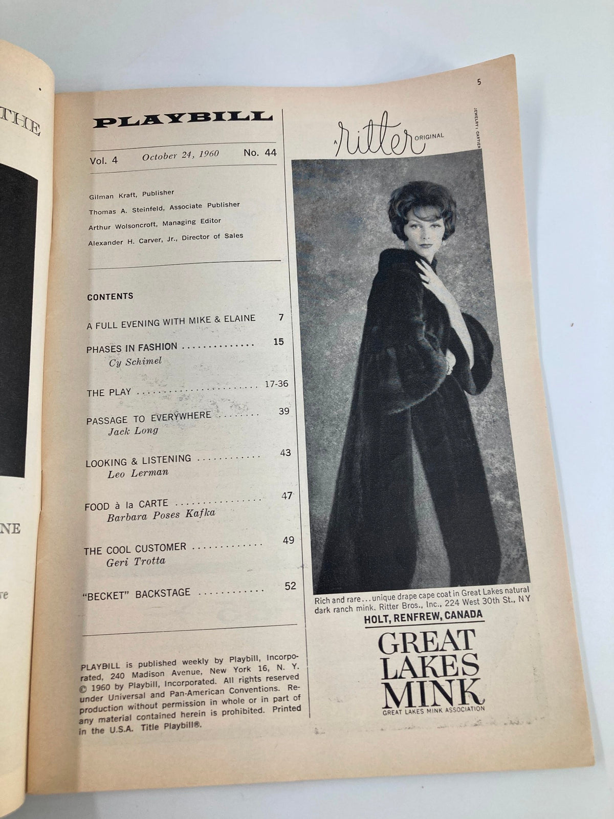 Inside page of the 1960 Playbill for 'The 49th Cousin' showcasing a fashion advertisement along with production details.