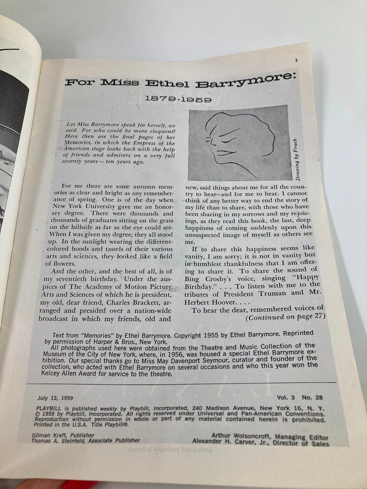Inside page of the 1959 Playbill for Destiny Rides Again, featuring a tribute to actress Ethel Barrymore, highlighting historical significance.
