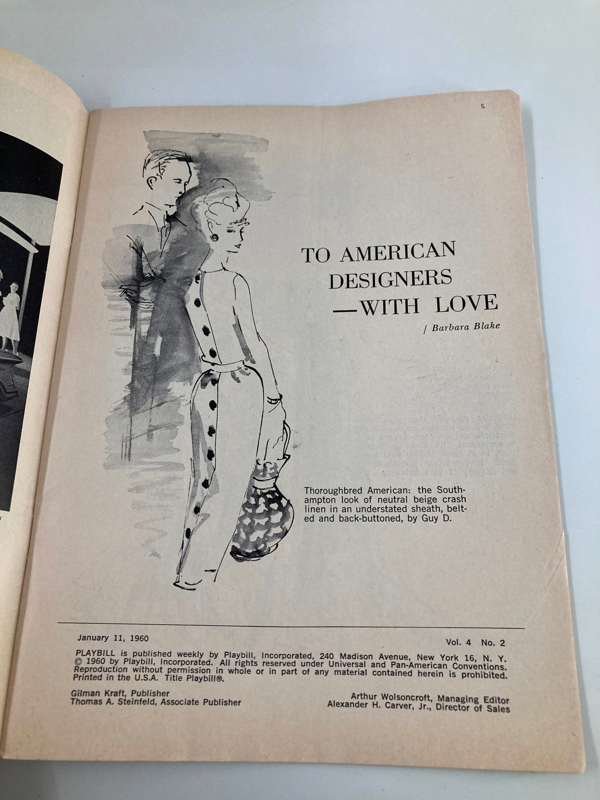 Interior page of the 1960 Playbill for Morosco Theatre, titled 'To American Designers - With Love', featuring artistic sketches.