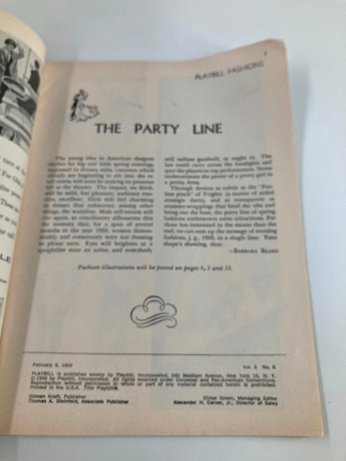 Interior page of the 1959 Playbill The World of Suzie Wong, displaying an article titled 'The Party Line' with stylistic illustrations.