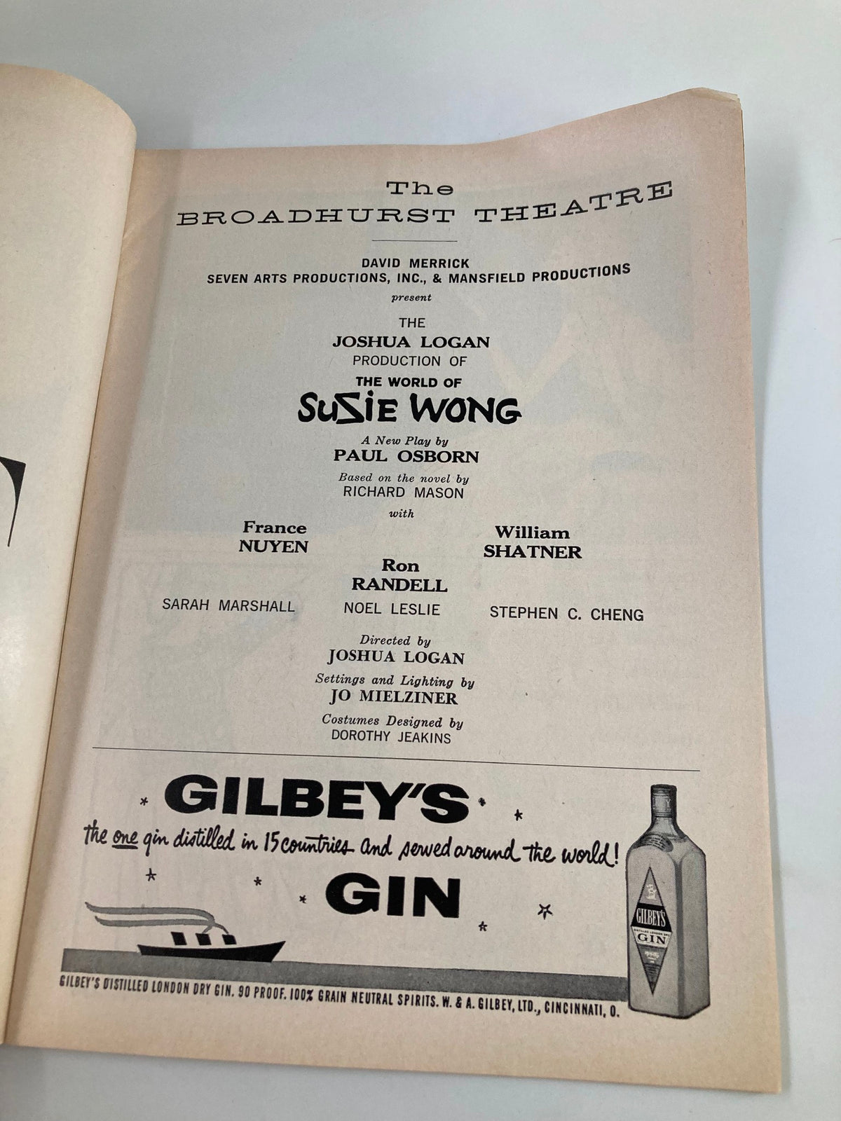 Interior page of the 1959 Playbill The World of Suzie Wong, highlighting production credits and cast members at the Broadhurst Theatre.