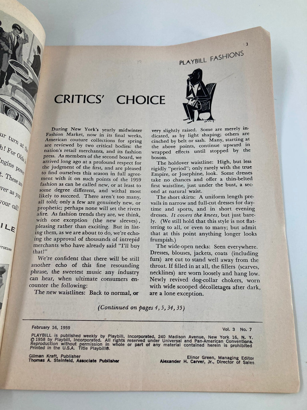 Inside page of the 1959 Playbill The Plymouth, highlighting the Critics' Choice section, reviewing fashion trends during New York's midwinter Fashion Market.