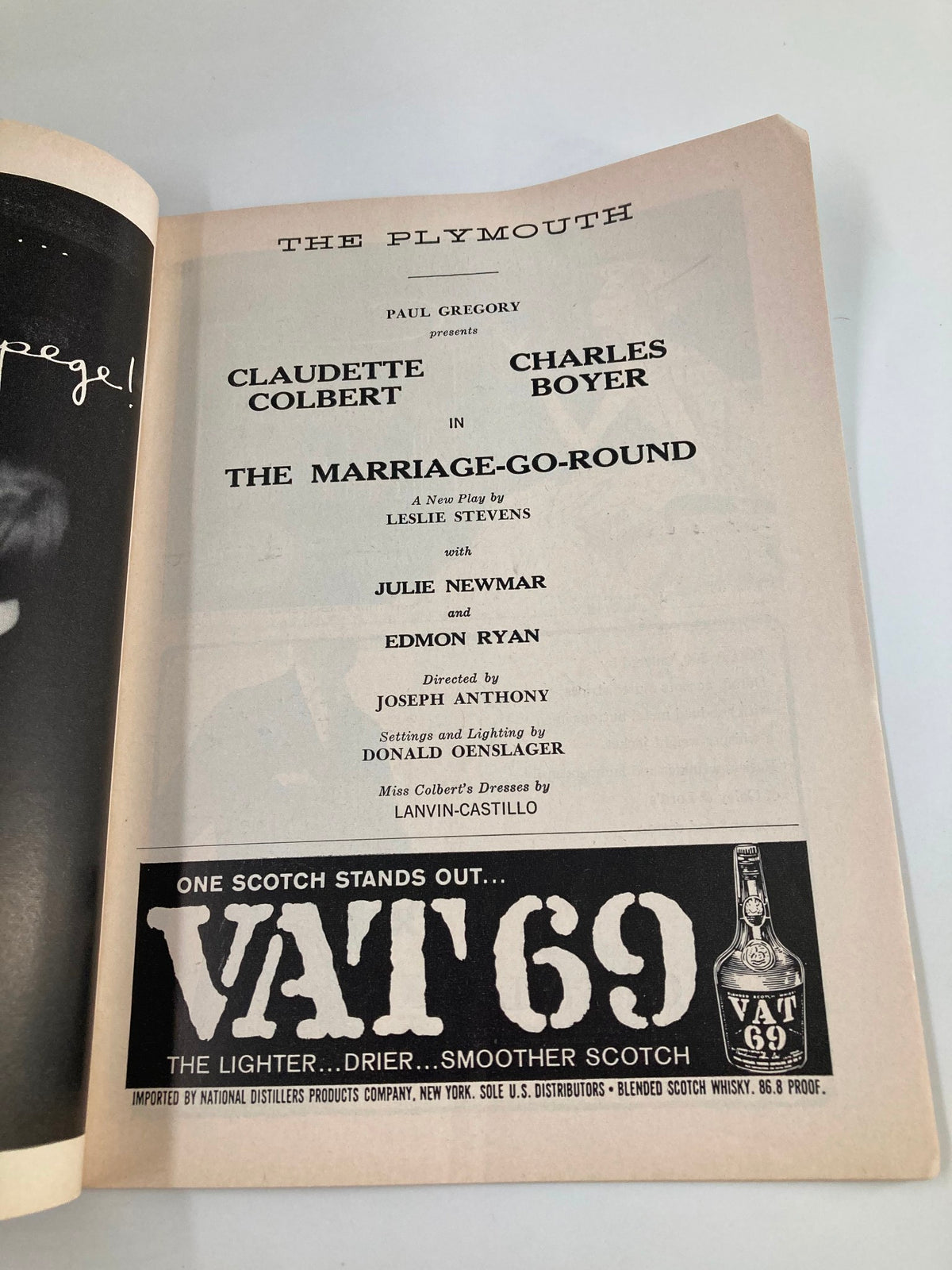 Inside page of the 1959 Playbill The Plymouth, featuring information about Claudette Colbert and Charles Boyer in The Marriage-Go-Round, including director details and vintage advertising.