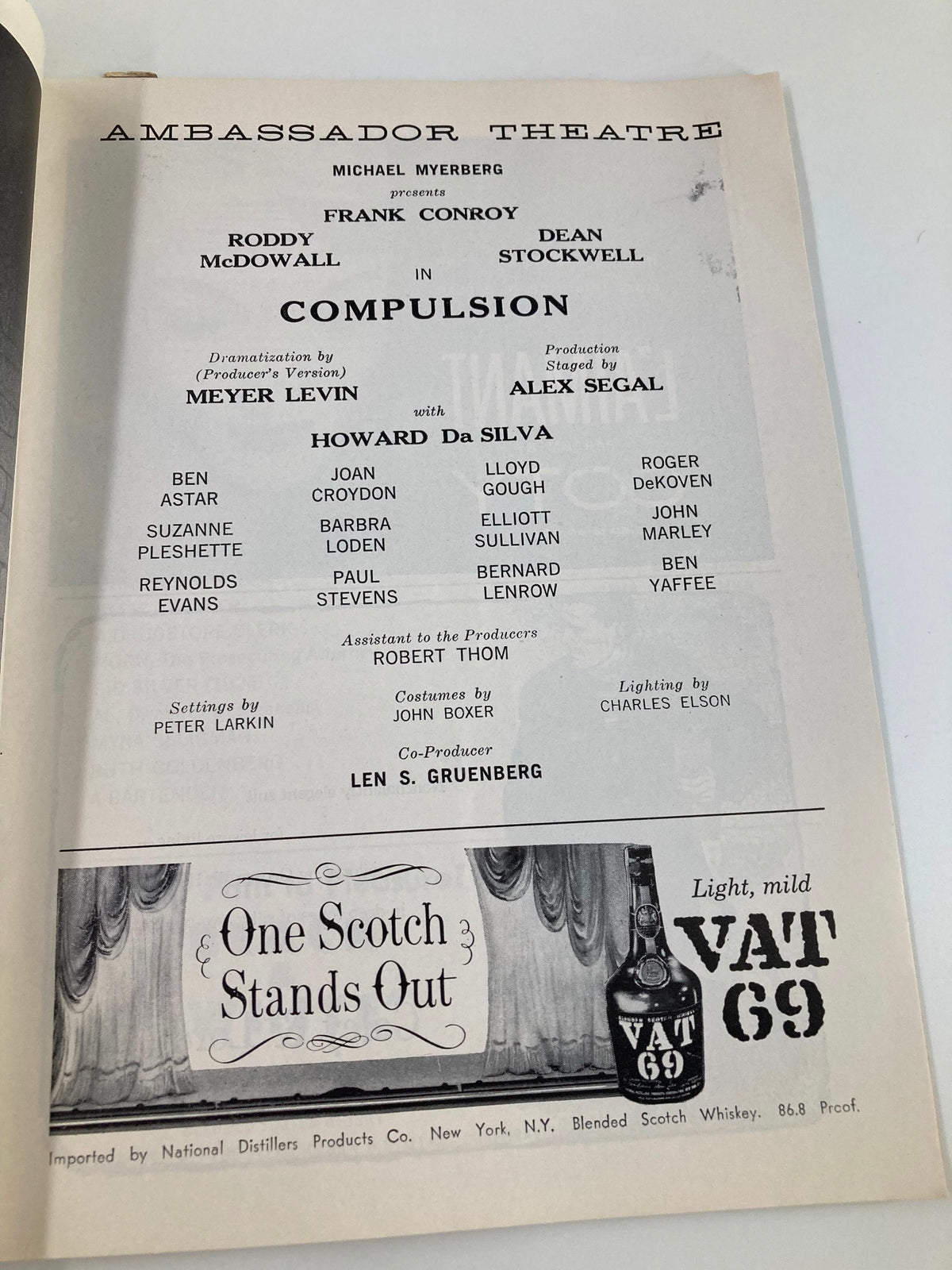 A vintage 1958 Playbill from the Ambassador Theatre featuring Frank Conroy in 'Compulsion' by Michael Myerberg. The Playbill includes cast listings and artistic details, capturing the essence of Broadway during that era.