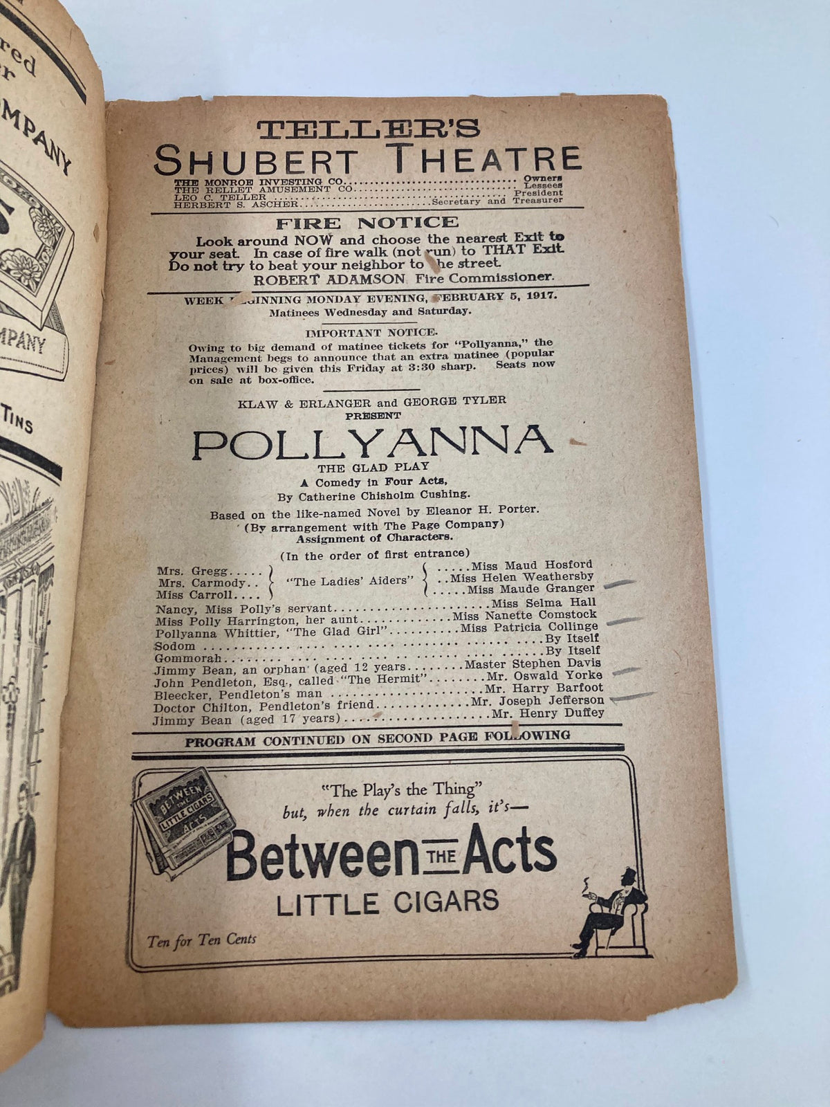 Inside page of the 1917 Teller's Shubert Theatre Pollyanna The Glad Play by Catherine C. Cushing, featuring cast details and promotional text, highlighting the historical value of early 20th-century theater.