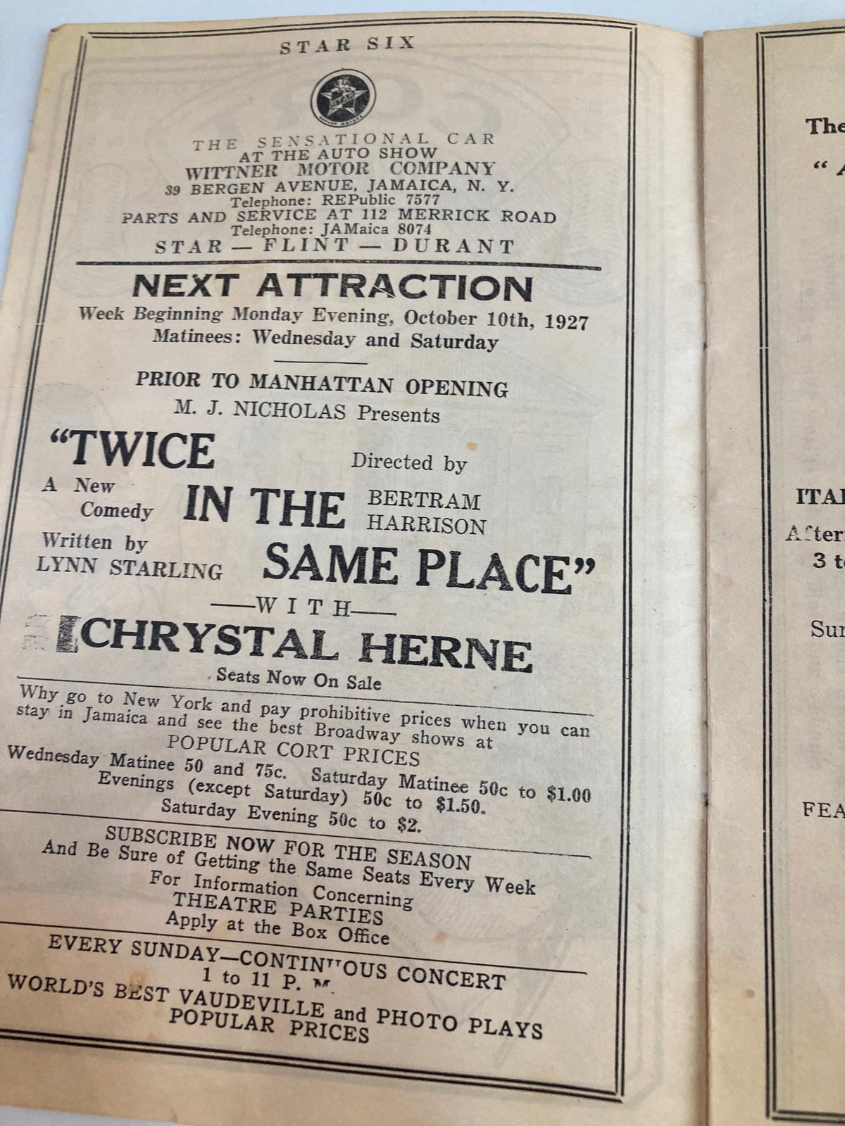 Interior page of the 1927 Cort Theatre Playbill showcasing an advertisement for 'Twice in the Same Place' and other upcoming attractions.