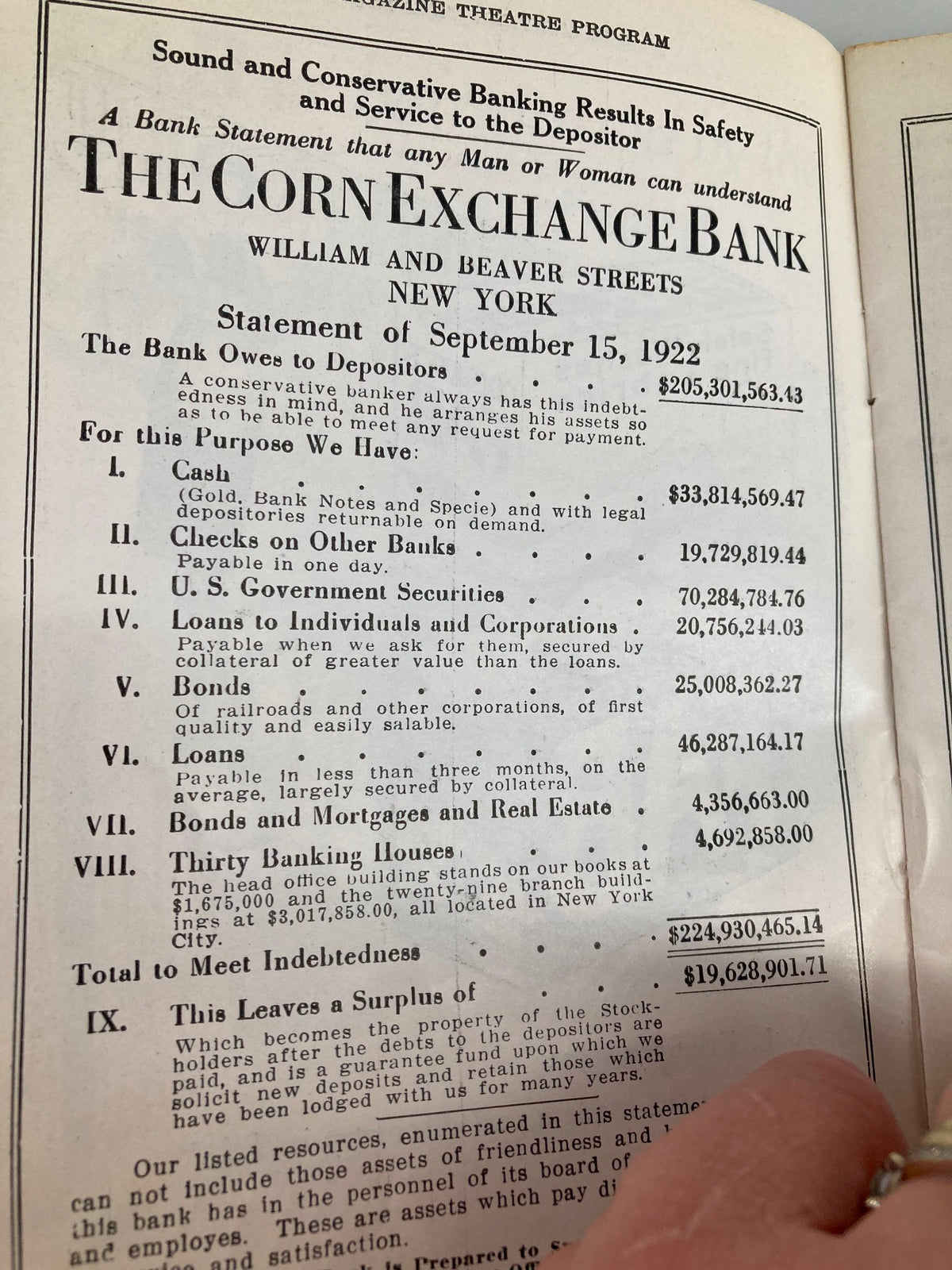 1922 The Montauk Theatre Brooklyn Alice Owens in The First Year, inside inked statement of The Corn Exchange Bank, showcasing financial history alongside theatrical memorabilia.