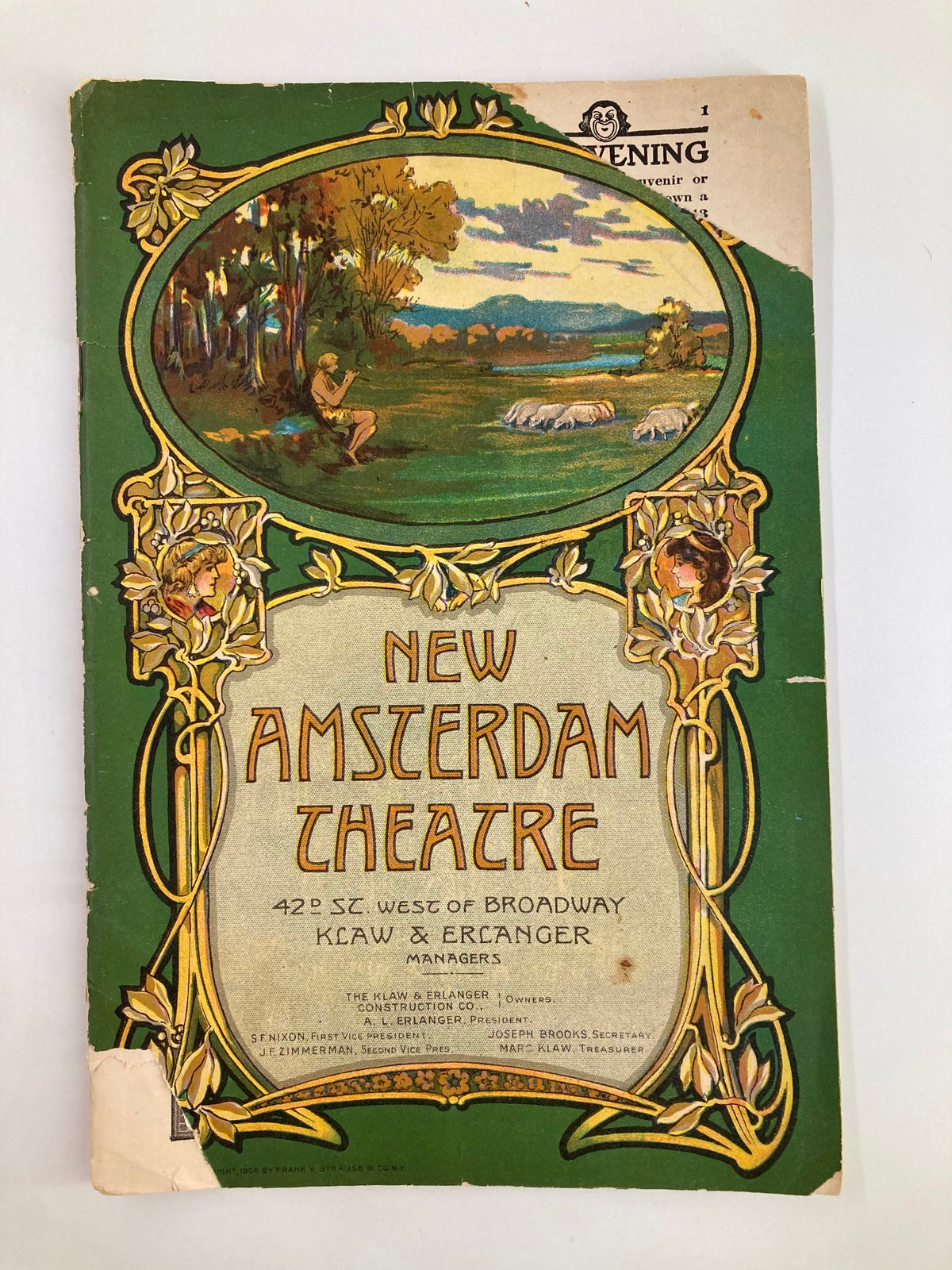 Cover of the 1913 New Amsterdam Theatre Playbill featuring an illustration, showcasing the title 'New Amsterdam Theatre' and a scenic background from 'The Spring Maid' by George Marion.
