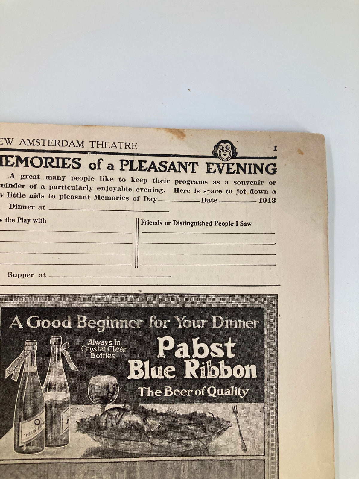 Inside page of the 1913 New Amsterdam Theatre Playbill titled 'Memories of a Pleasant Evening', offering a nostalgic glimpse into the theater experience from the early 20th century.