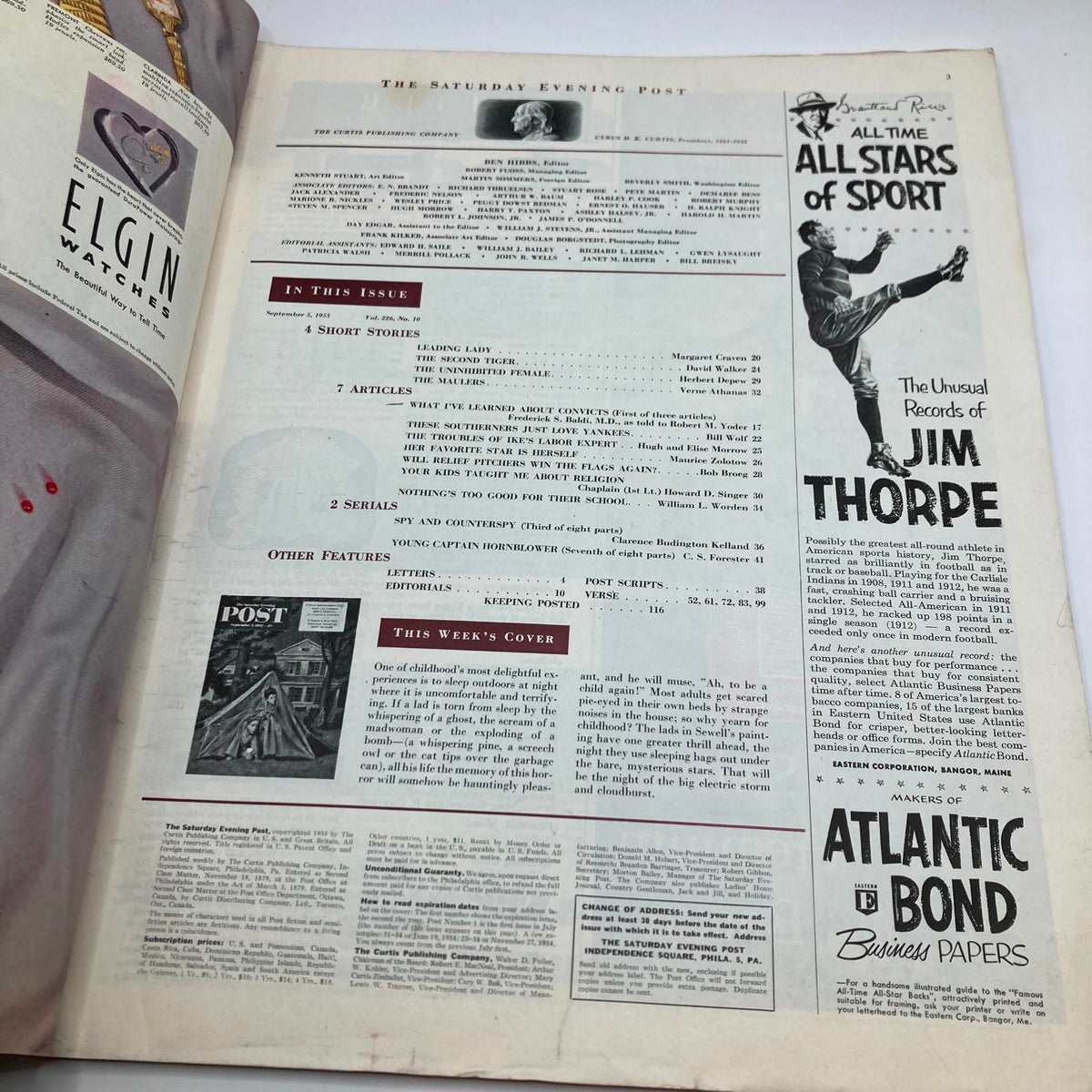 Inside page of Saturday Evening Post Magazine September 5 1953 showing articles, features, and the week's cover focus.