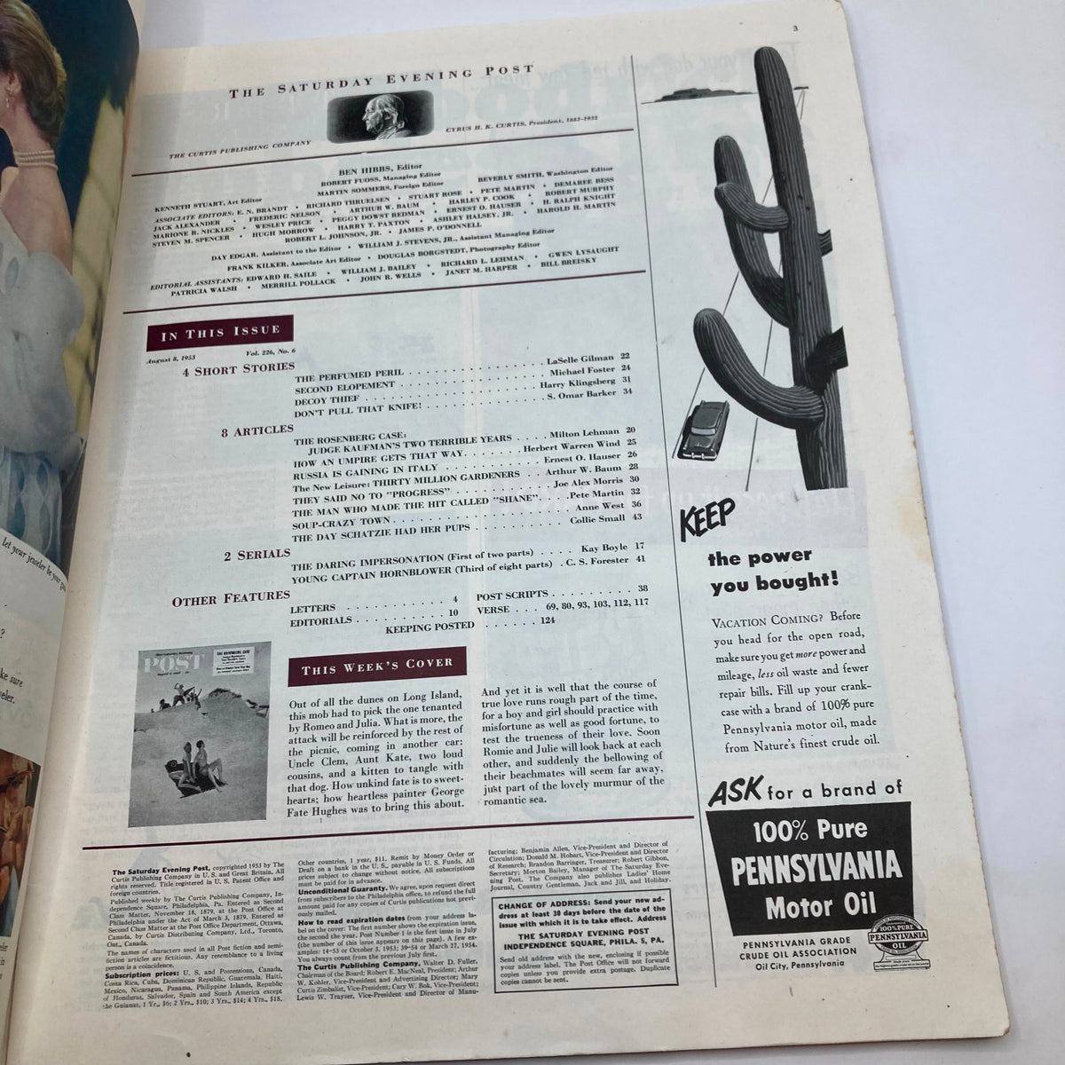 Interior page of Saturday Evening Post Magazine August 8, 1953, showcasing an article list and additional features from the iconic publication.