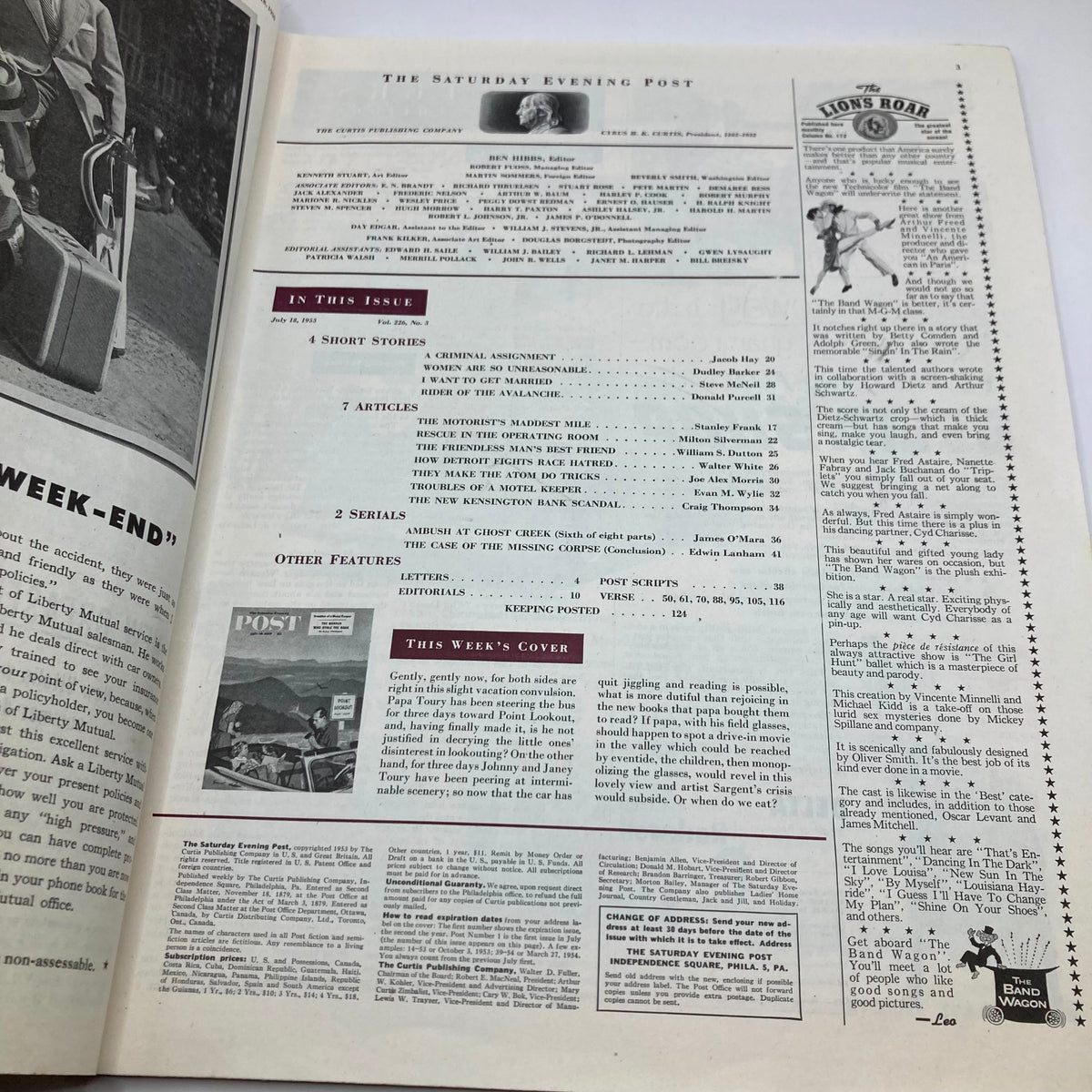 Inside page of the Saturday Evening Post Magazine, July 18, 1953, showcasing the table of contents and featured articles from that issue.