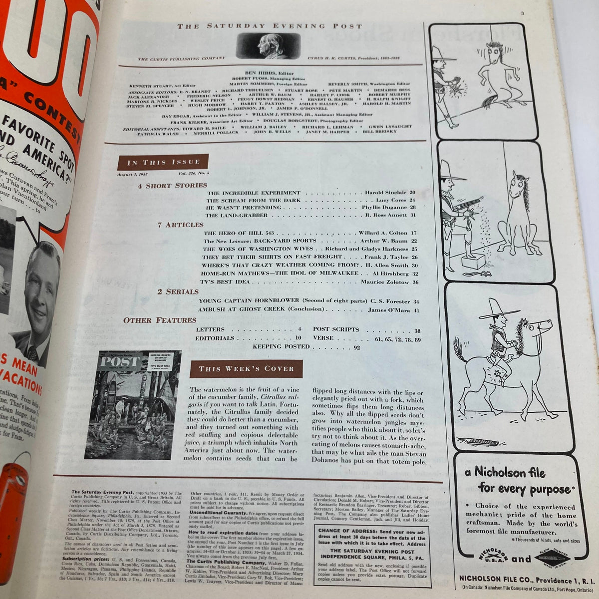 Interior page of Saturday Evening Post Magazine August 1, 1953 displaying magazine contents and highlights, including articles and features alongside a mention of the week's cover art, emphasizing the publication's historical significance.