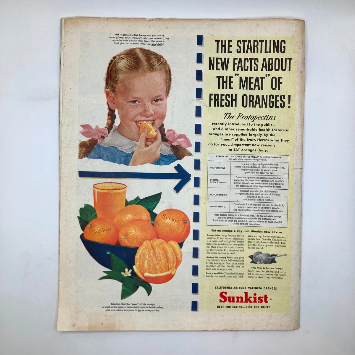 Back cover of Saturday Evening Post Magazine, August 1, 1953, featuring a vintage advertisement by Sunkist. The image shows a young girl enjoying an orange, surrounded by fresh oranges and a glass of orange juice, highlighting the health benefits of oranges.