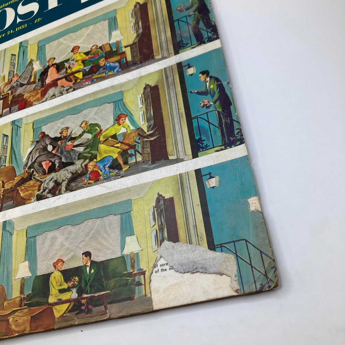 Close-up of the cover of the Saturday Evening Post Magazine from October 24, 1953, showcasing the 'Happy Family' illustration by Utz, highlighting the vibrant colors and playful family dynamics.