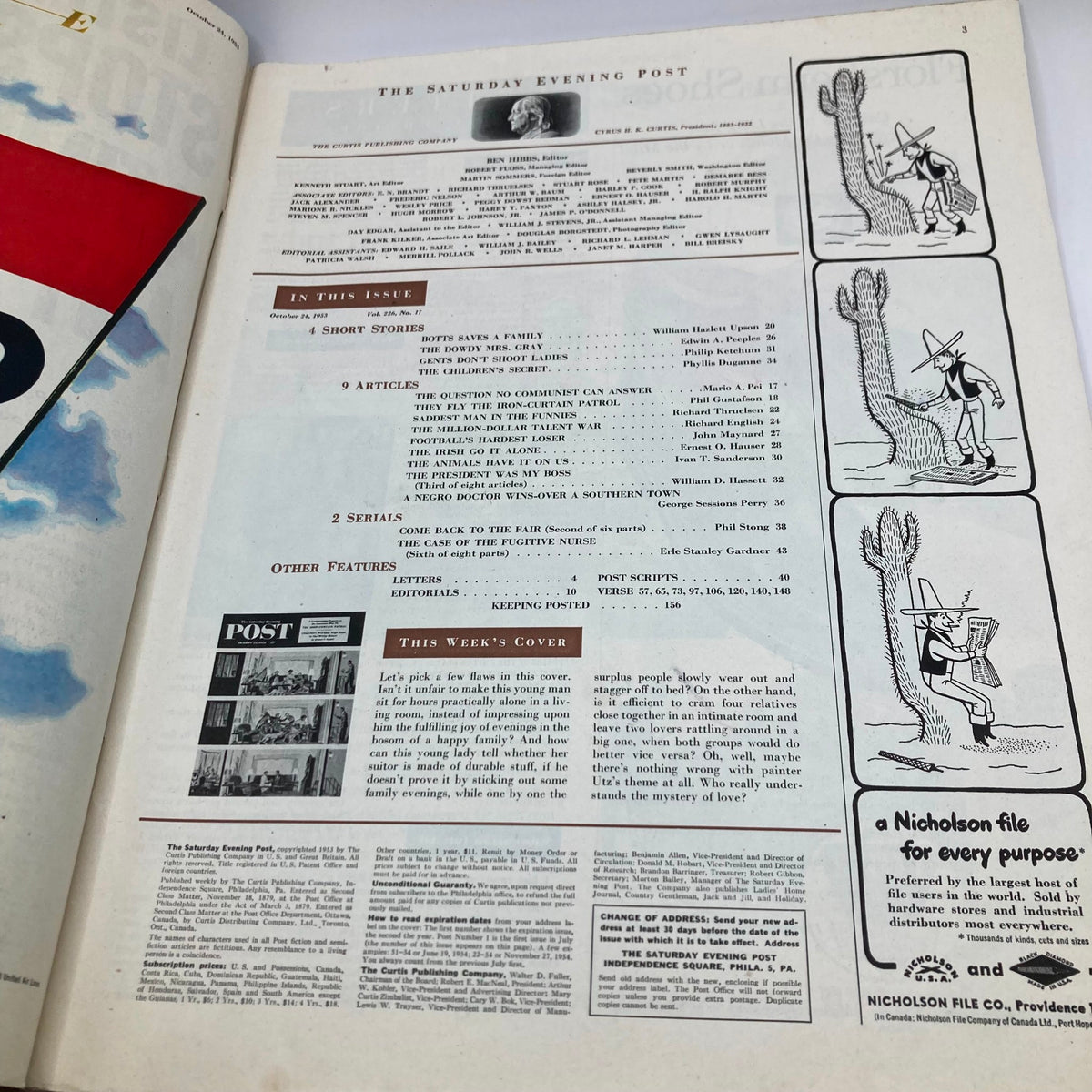 Interior page of the Saturday Evening Post Magazine October 24, 1953, listing articles and features for the week, providing a glimpse into mid-century publication style and content.