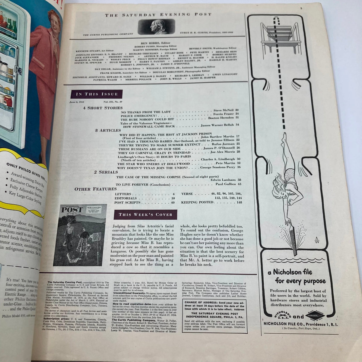 Page from Saturday Evening Post Magazine June 6 1953 featuring articles and editorials, with the magazine's iconic branding.