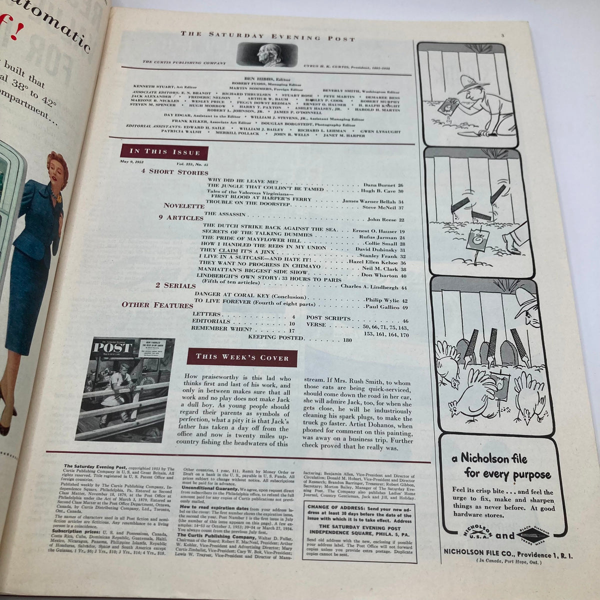 Inside page of the Saturday Evening Post Magazine, May 9, 1953, listing articles and features with a focus on the magazine's cover story and content showcasing American culture of the 1950s.