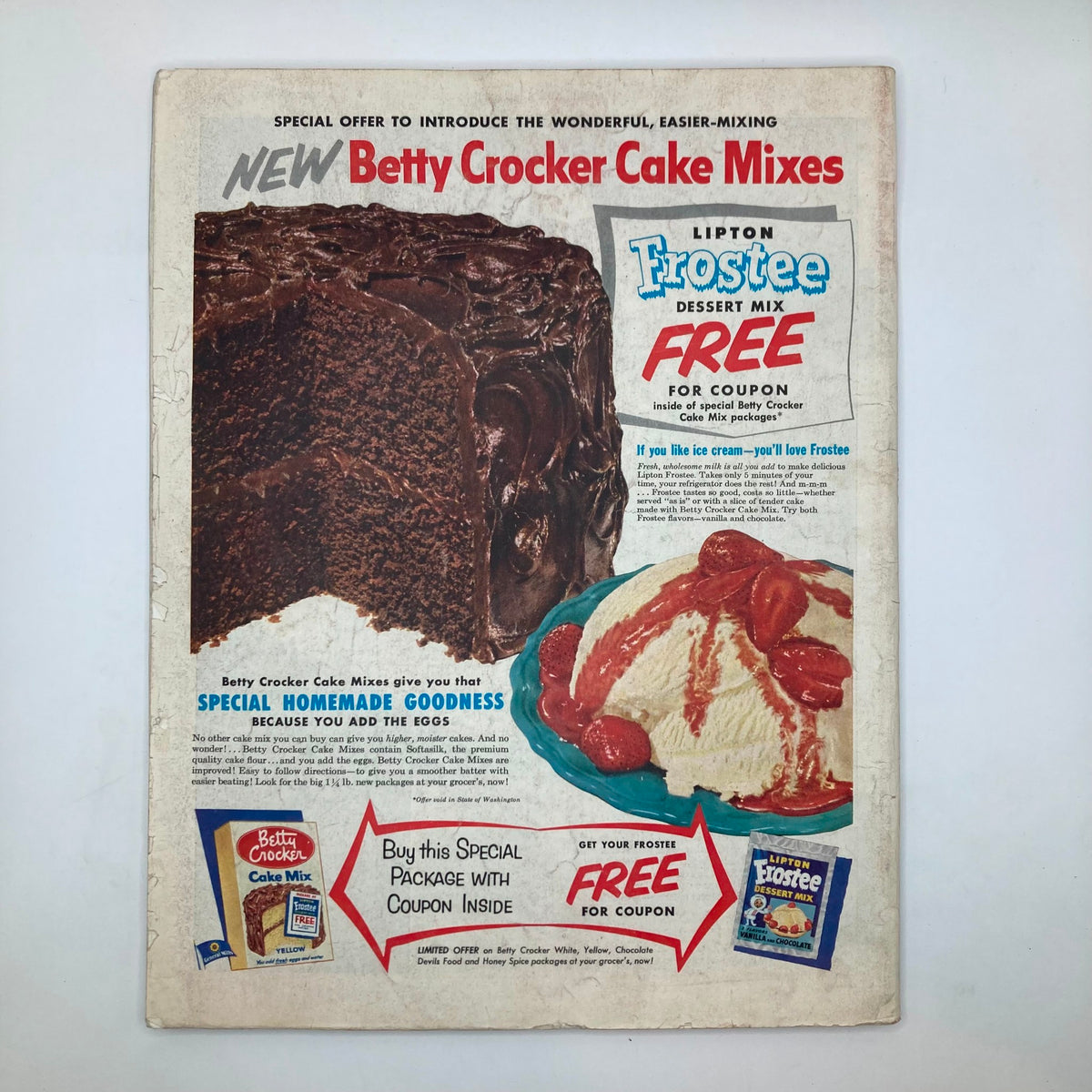 Back cover advertisement page of the Saturday Evening Post Magazine May 23 1953 showcasing Betty Crocker Cake Mixes with an offer for Lipton Frostee dessert mix.