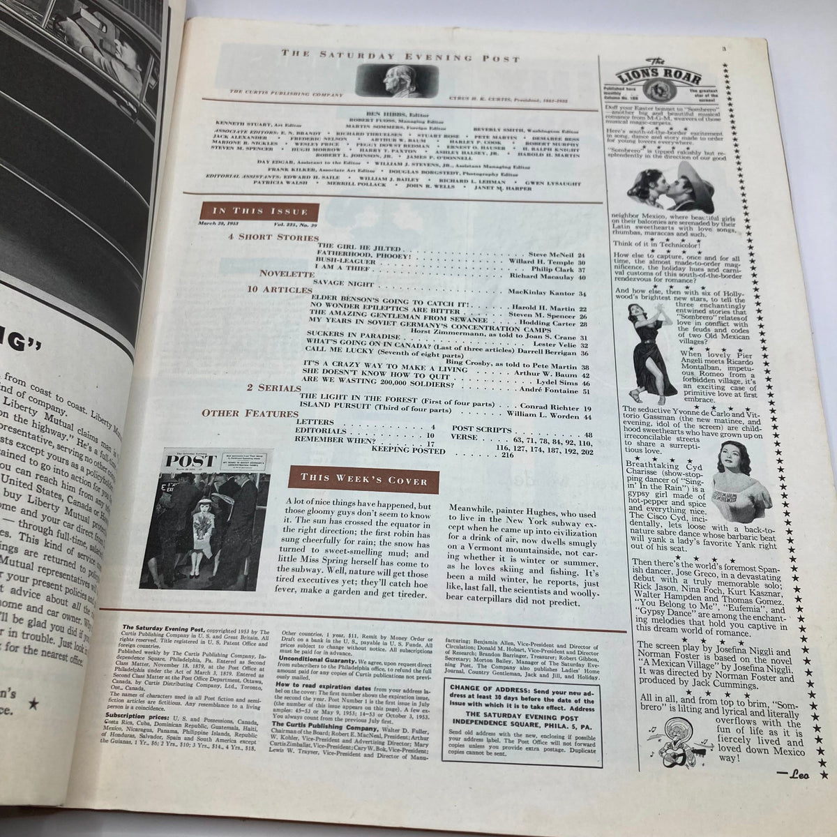 Interior page of the Saturday Evening Post Magazine March 28 1953 showing the contents and features of the issue, including short stories and articles.