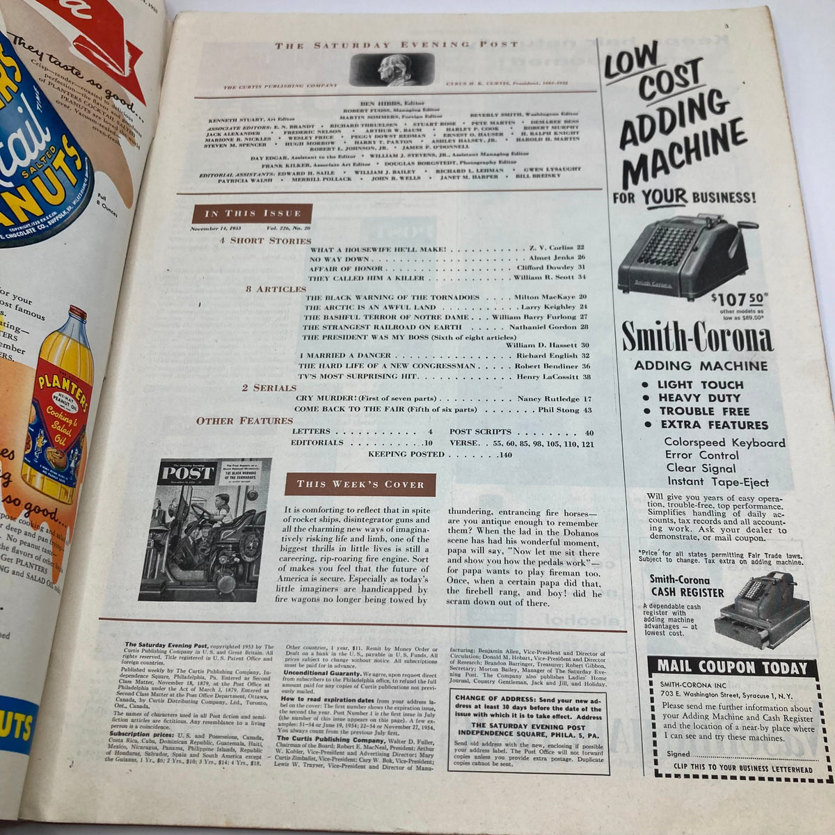Interior page of the Saturday Evening Post Magazine from November 14, 1953, featuring articles, a table of contents, and an advertisement for a Smith-Corona adding machine. The layout reflects mid-20th century publication design.