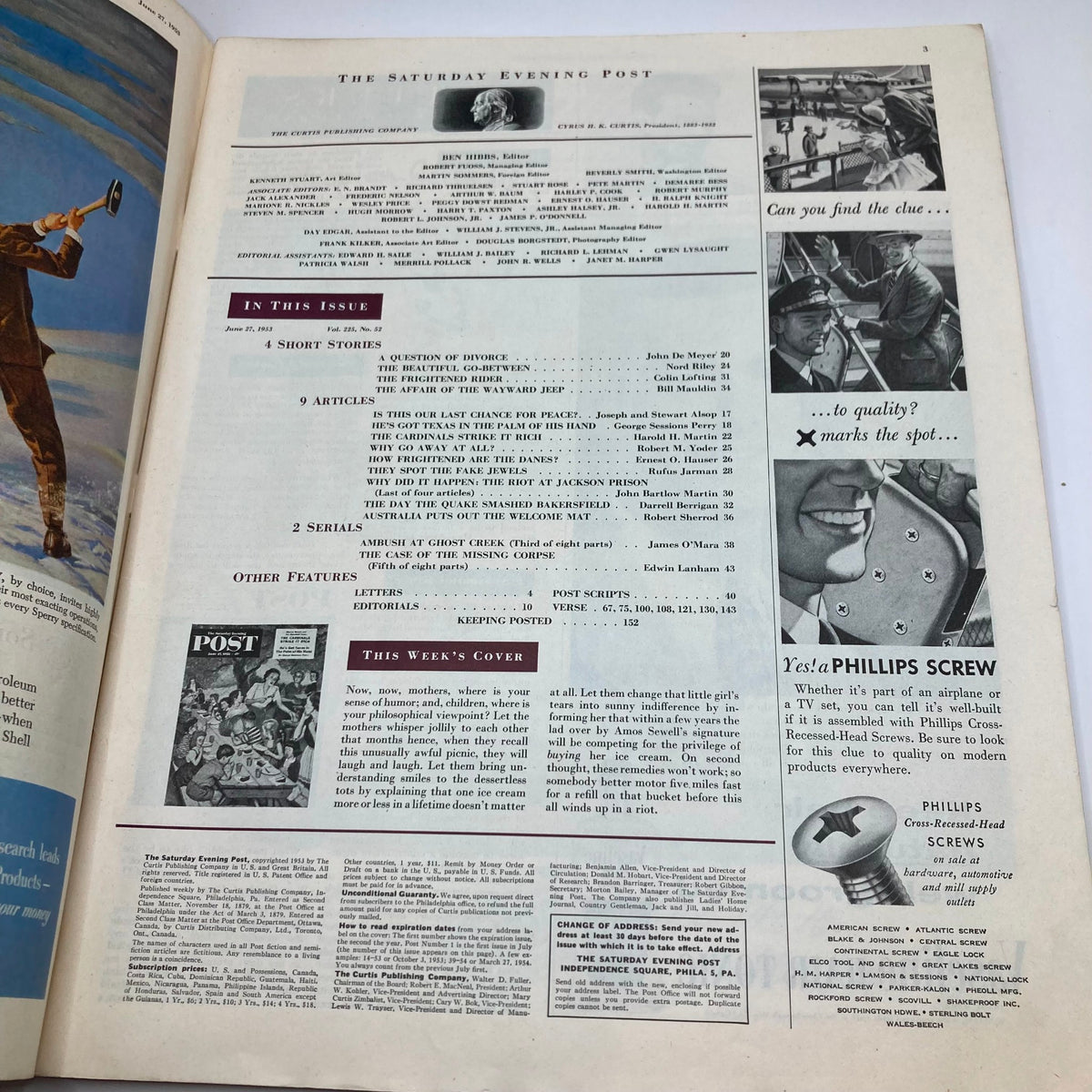 Interior page of the Saturday Evening Post Magazine June 27, 1953, displaying contents and features of the issue, including 'Dessertless Tots' cover illustration.