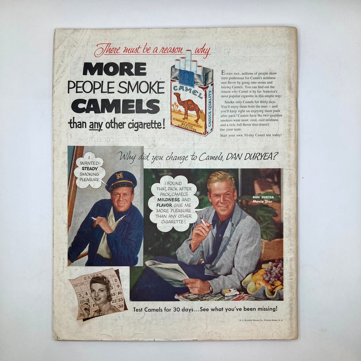 Vintage advertisement from the Saturday Evening Post Magazine June 27 1953 featuring Camel Cigarettes. The ad showcases a conversation with movie star Dan Duryea discussing the pleasure of smoking Camel cigarettes, highlighting their mildness and flavor.