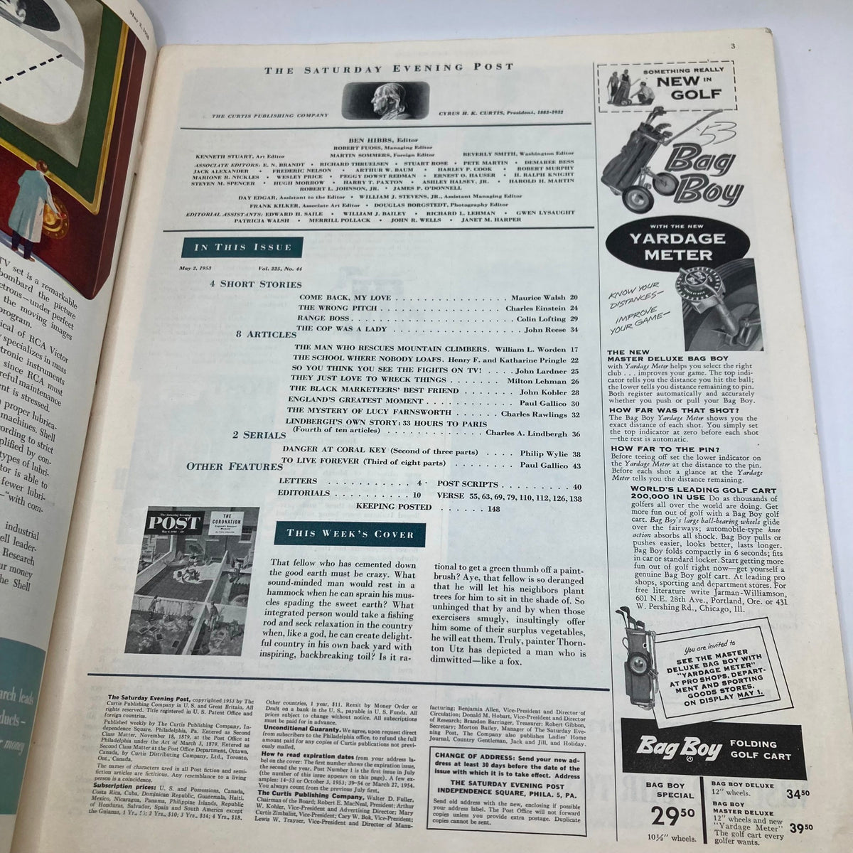 Inside page of Saturday Evening Post Magazine, May 2, 1953, showcasing the table of contents and features, reflecting mid-20th century publishing style.