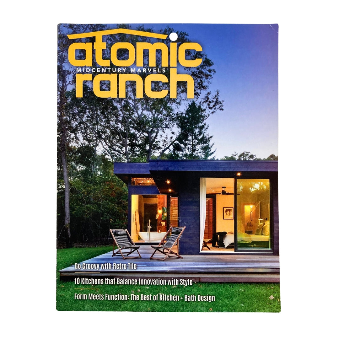 Cover of Atomic Ranch Magazine Fall 2018 featuring the title 'Go Groovy with Retro Life' showcasing a modern home with a stylish outdoor seating area.