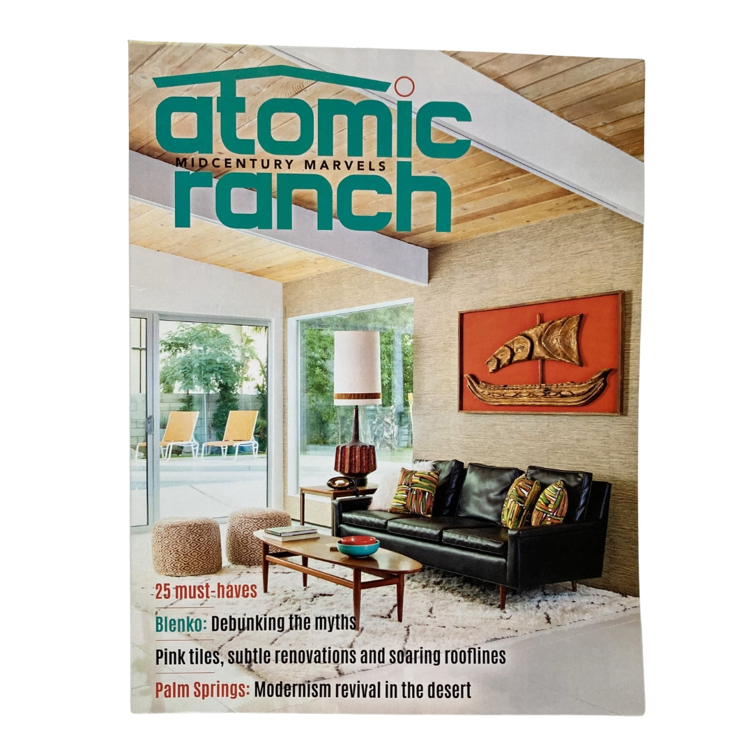 Cover of Atomic Ranch Magazine Spring 2017 featuring Blenko Debunking The Myths, showcasing mid-century modern interior design with a living room setting.