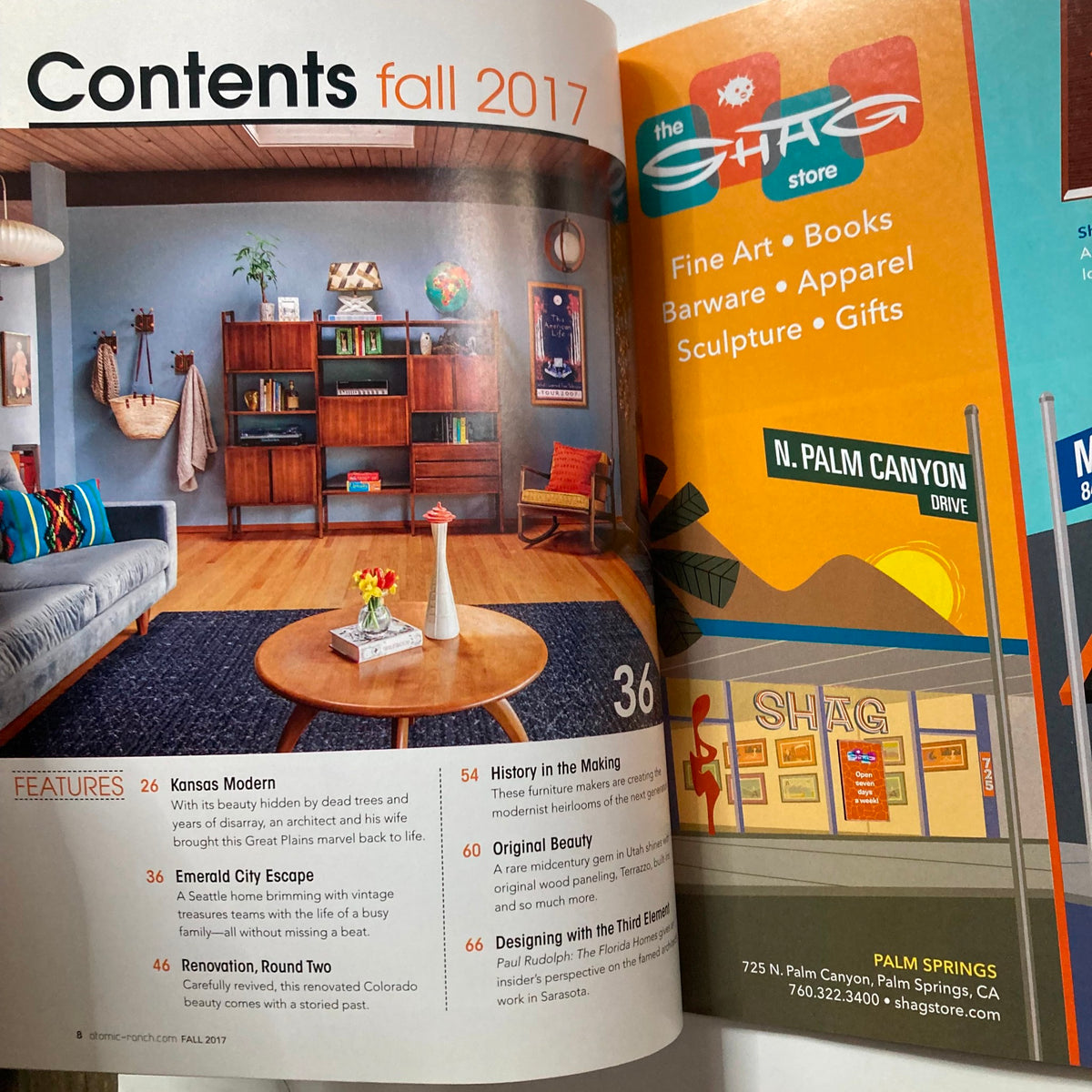 Contents page from Atomic Ranch Magazine Fall 2017 featuring notable features and articles including Kansas Modern and Emerald City Escope.