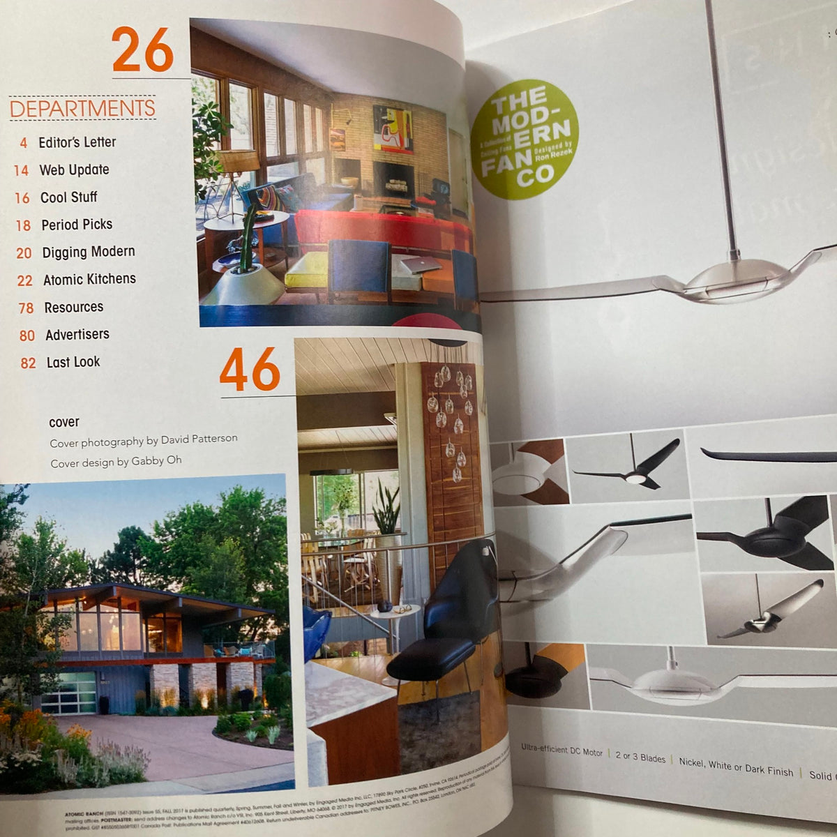 Departments page from Atomic Ranch Magazine Fall 2017 showcasing sections like Editor's Letter and Resources, highlighting modern design topics.