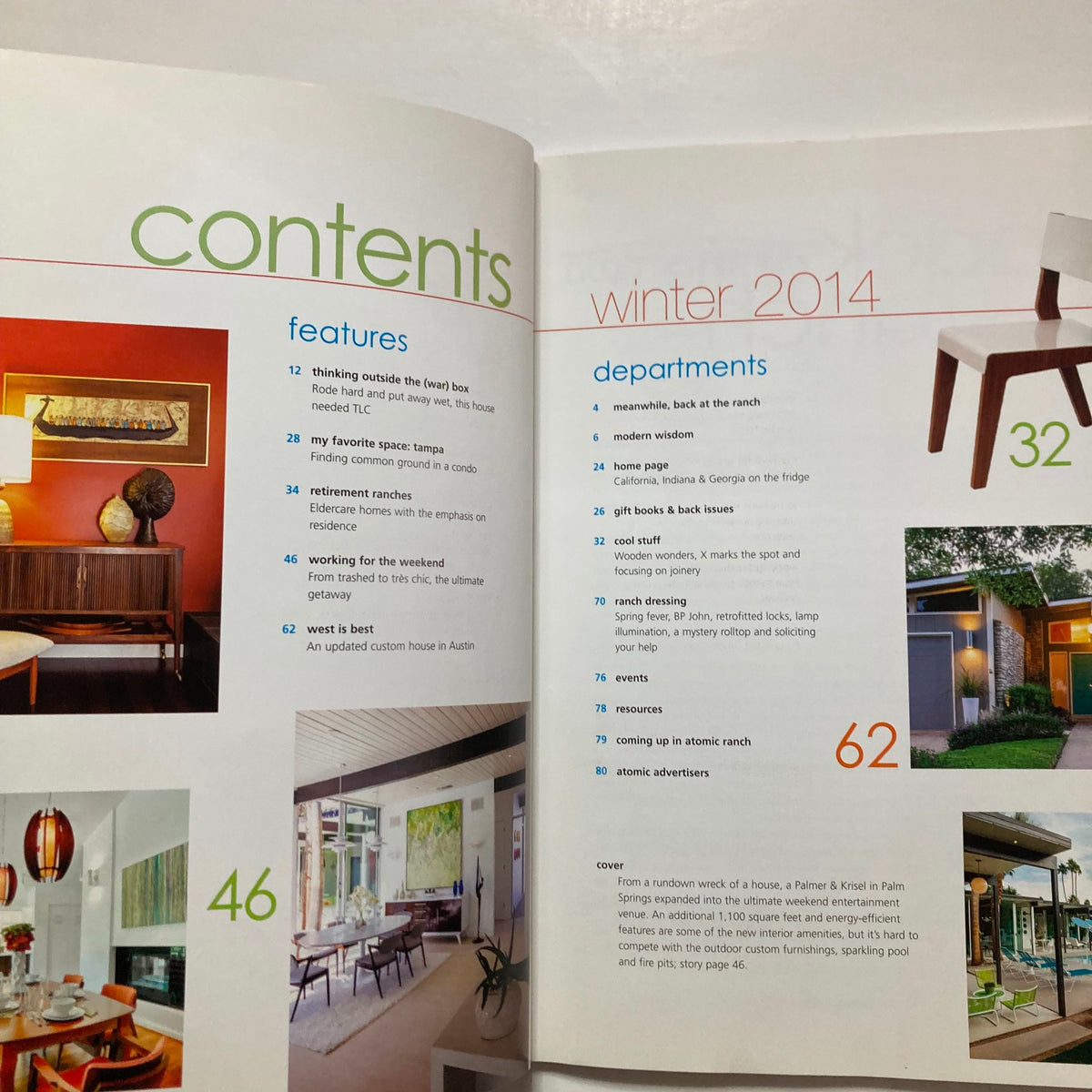 Interior page of Atomic Ranch Magazine Winter 2014 displaying the contents section, outlining features and departments related to mid-century architecture and design.