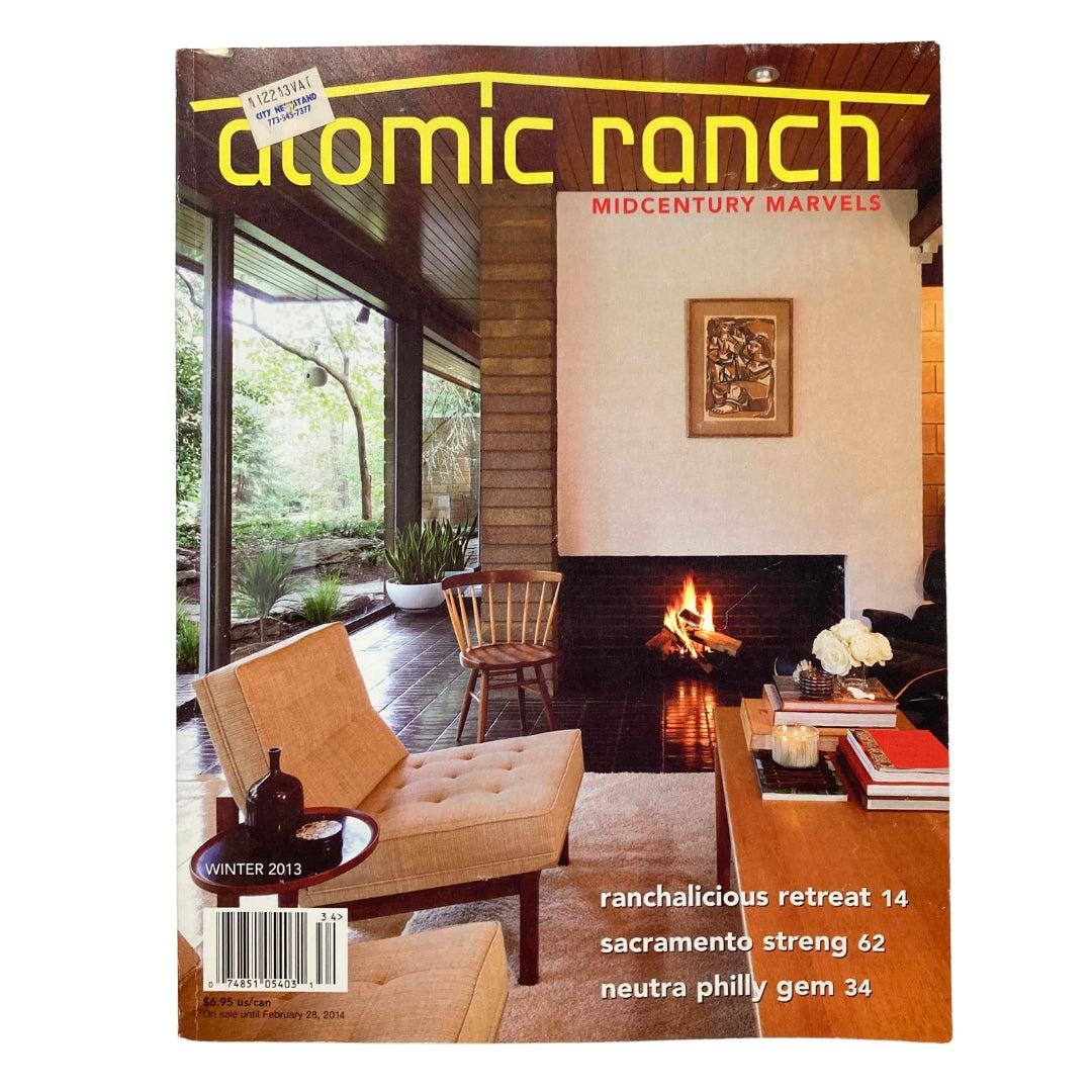 Atomic Ranch Magazine Winter 2013 cover featuring mid-century modern design and cozy interior with a fireplace.