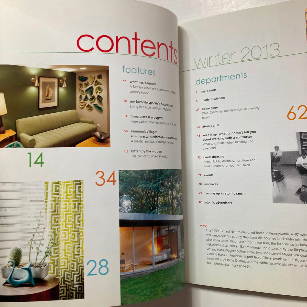 Contents page of Atomic Ranch Magazine Winter 2013, highlighting features and departments related to mid-century modern design.