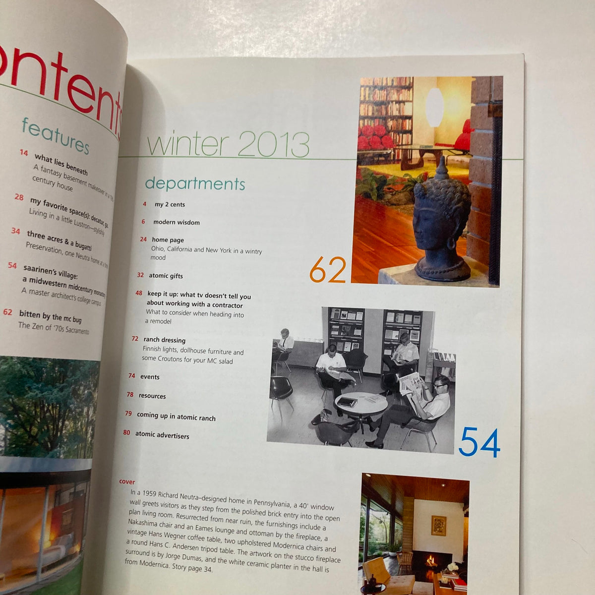 Another contents page from Atomic Ranch Magazine Winter 2013, showcasing articles on architectural preservation and design.