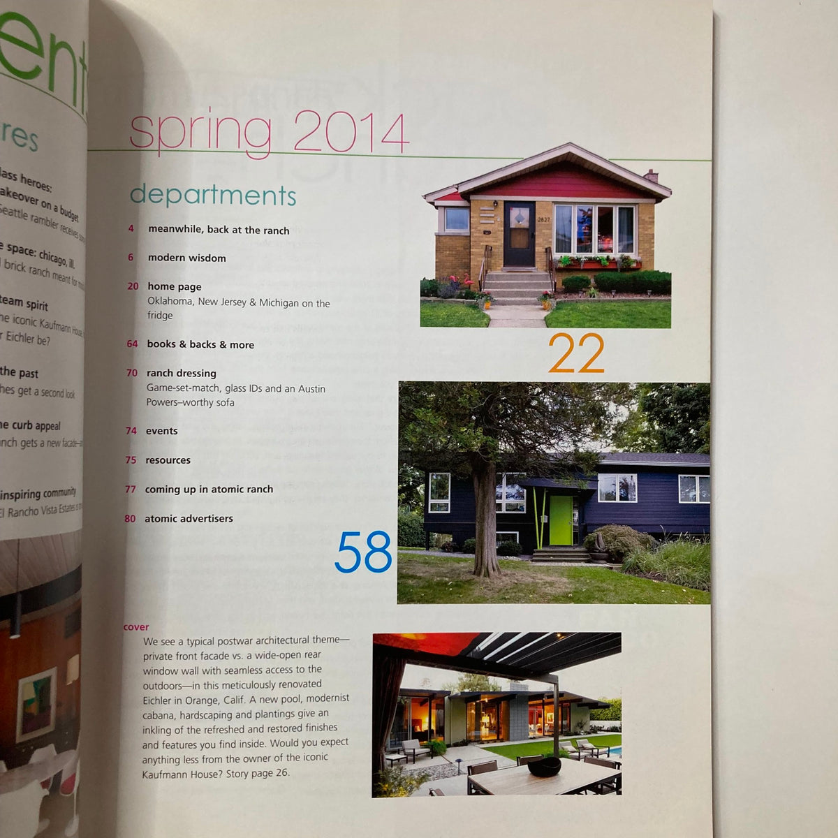 Departments section of Atomic Ranch Magazine Spring 2014, showcasing content details focused on architecture and mid-century design.