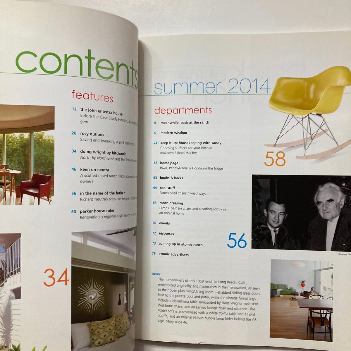 Contents page of Atomic Ranch Magazine Summer 2014, detailing articles on the John Entenza House, design updates, and modern architecture themes.