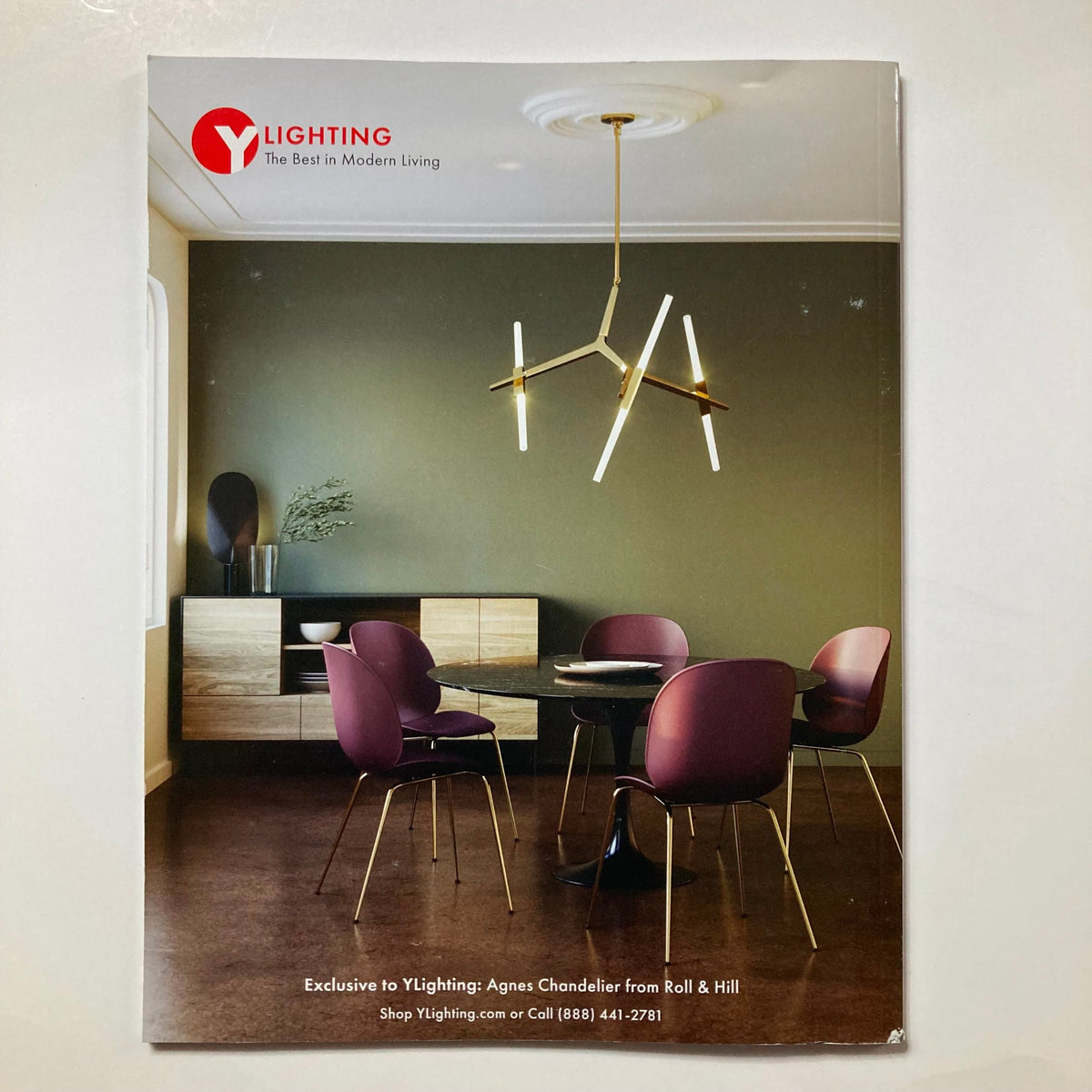 Cover of the YLighting catalog showcasing modern interior design with the Agnes Chandelier from Roll & Hill, complementing the aesthetic theme of the Atomic Ranch Magazine Winter 2020.