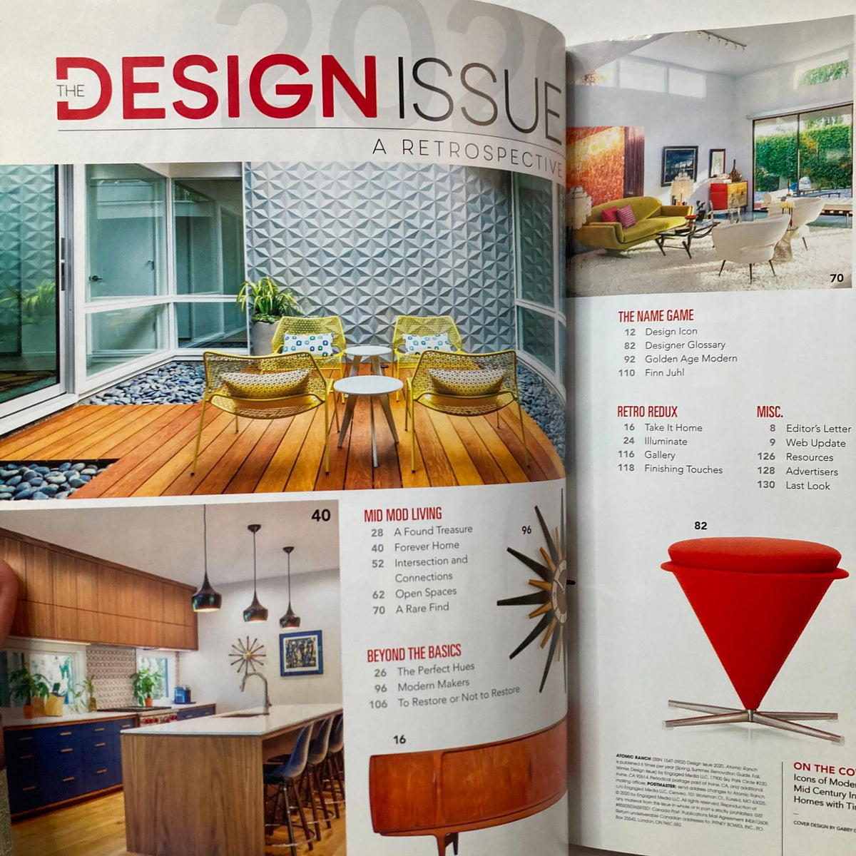 Inside pages of Atomic Ranch Magazine 2020 The Design Issue displaying mid-century living spaces and design features.
