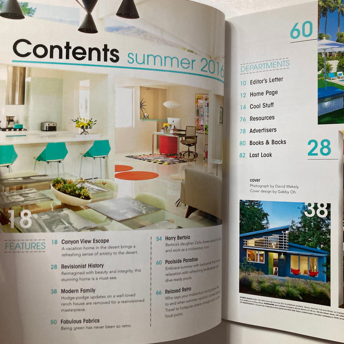 Contents page of Atomic Ranch Magazine Summer 2016 showcasing articles on retro vacation hotspots, modern family homes, and design updates.