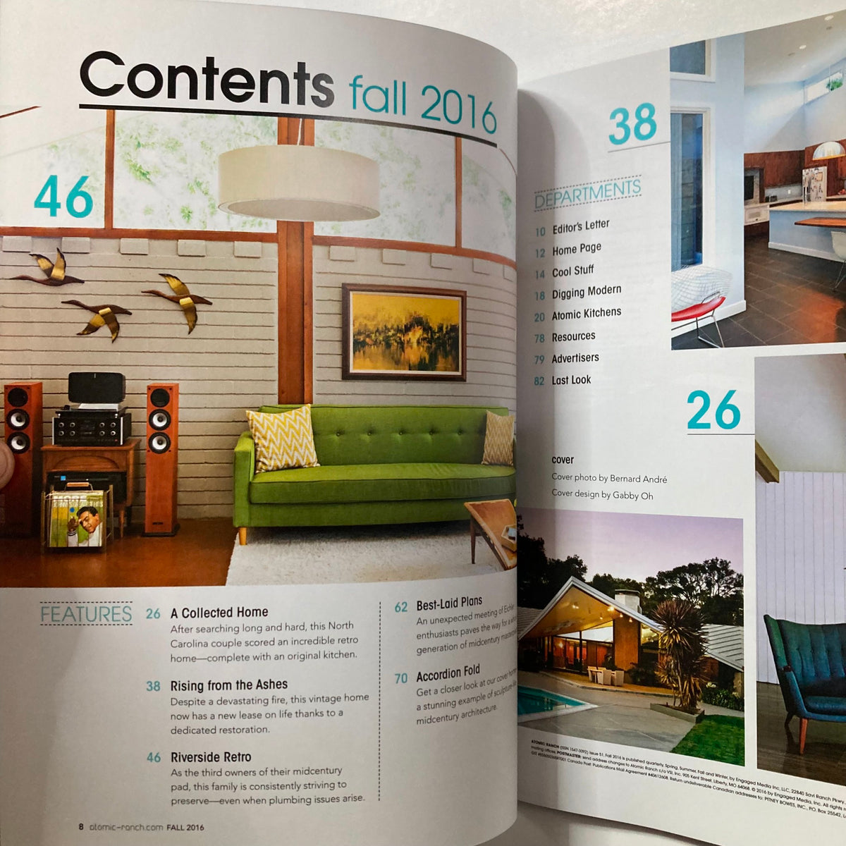 Contents page of Atomic Ranch Magazine Fall 2016 showcasing articles focused on retro kitchens, vintage scores, and mid-century homes, including a list of features and departments.
