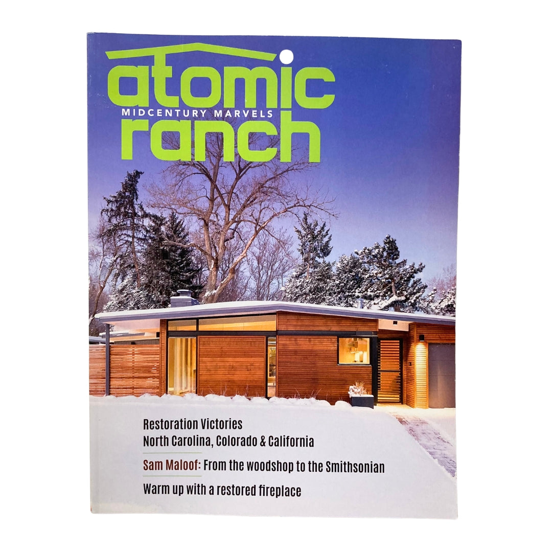 Cover of Atomic Ranch Magazine Winter 2016 featuring Sam Maloof from the Woodshop and showcasing mid-century architecture with a snow-covered house.