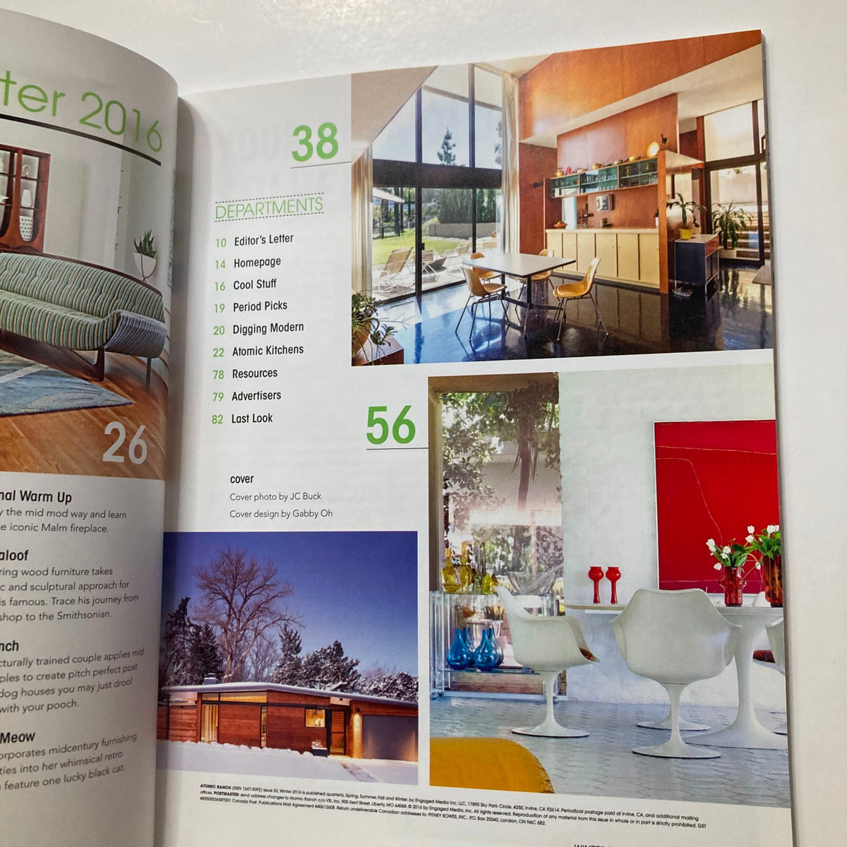 Interior layout and features of Atomic Ranch Magazine Winter 2016, with a focus on modern furniture and design elements.