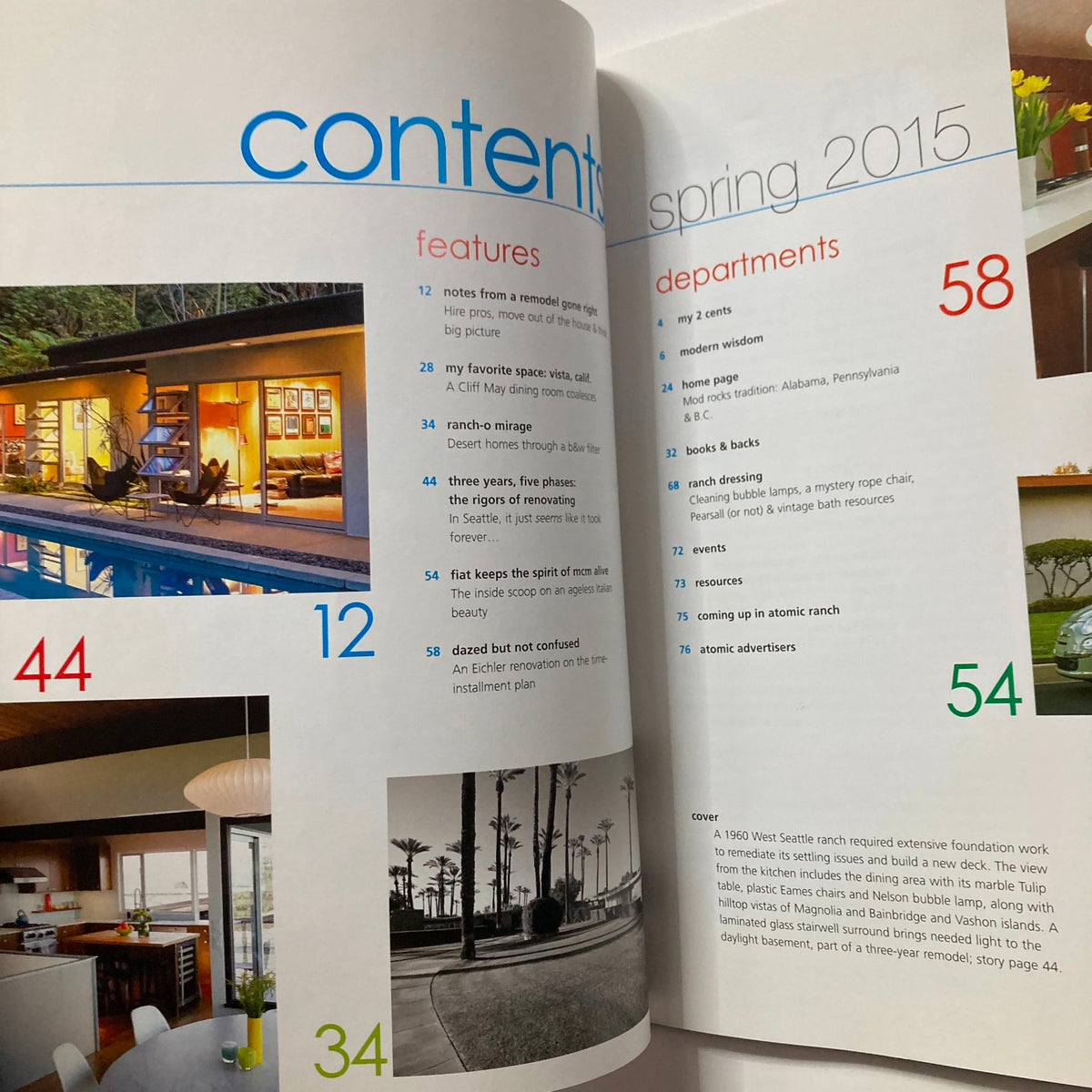 Contents page of Atomic Ranch Magazine Spring 2015 showcasing featured articles and photographs related to mid-century design.