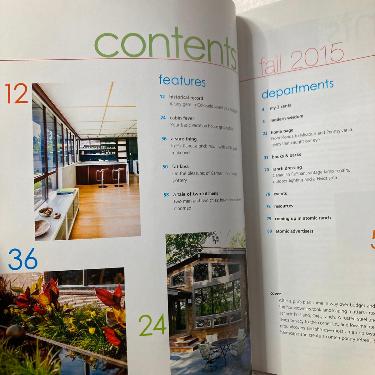 Table of contents from Atomic Ranch Magazine Fall 2015 highlighting features like A Tiny Gem in Colorado and articles on modern living and design.
