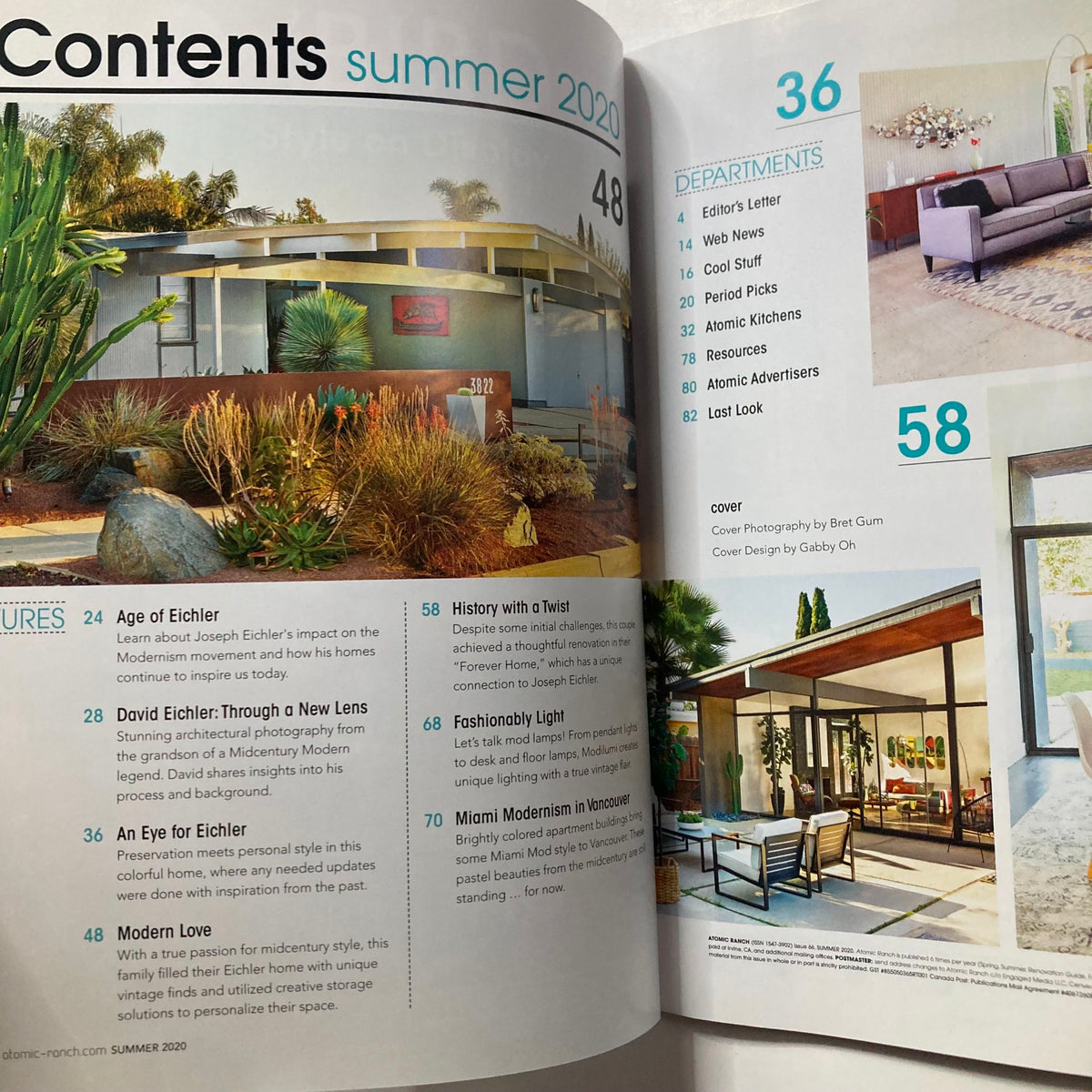 Inside page of Atomic Ranch Magazine Summer 2020 showcasing the contents list, featuring articles on Eichler homes and modern architecture.